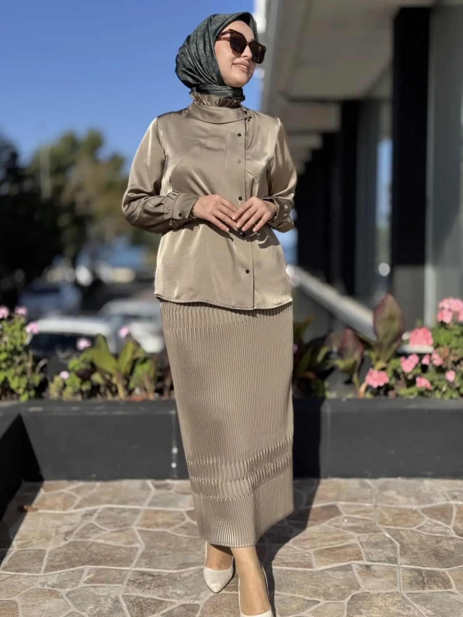 Misswhence Saten Pliseli Fermuarlı Etek Gömlek Takım 38015