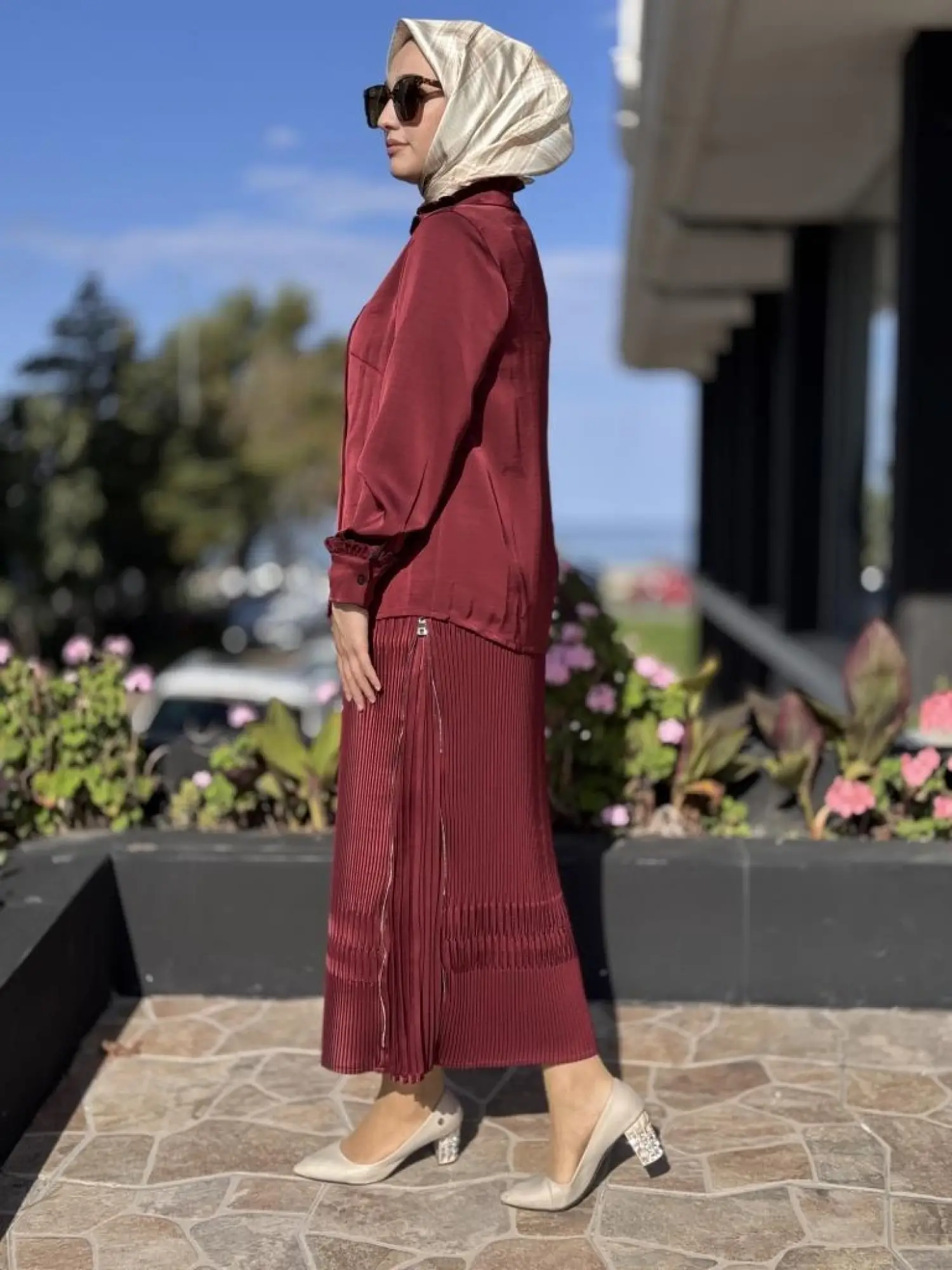 Misswhence Saten Pliseli Fermuarlı Etek Gömlek Takım 38015