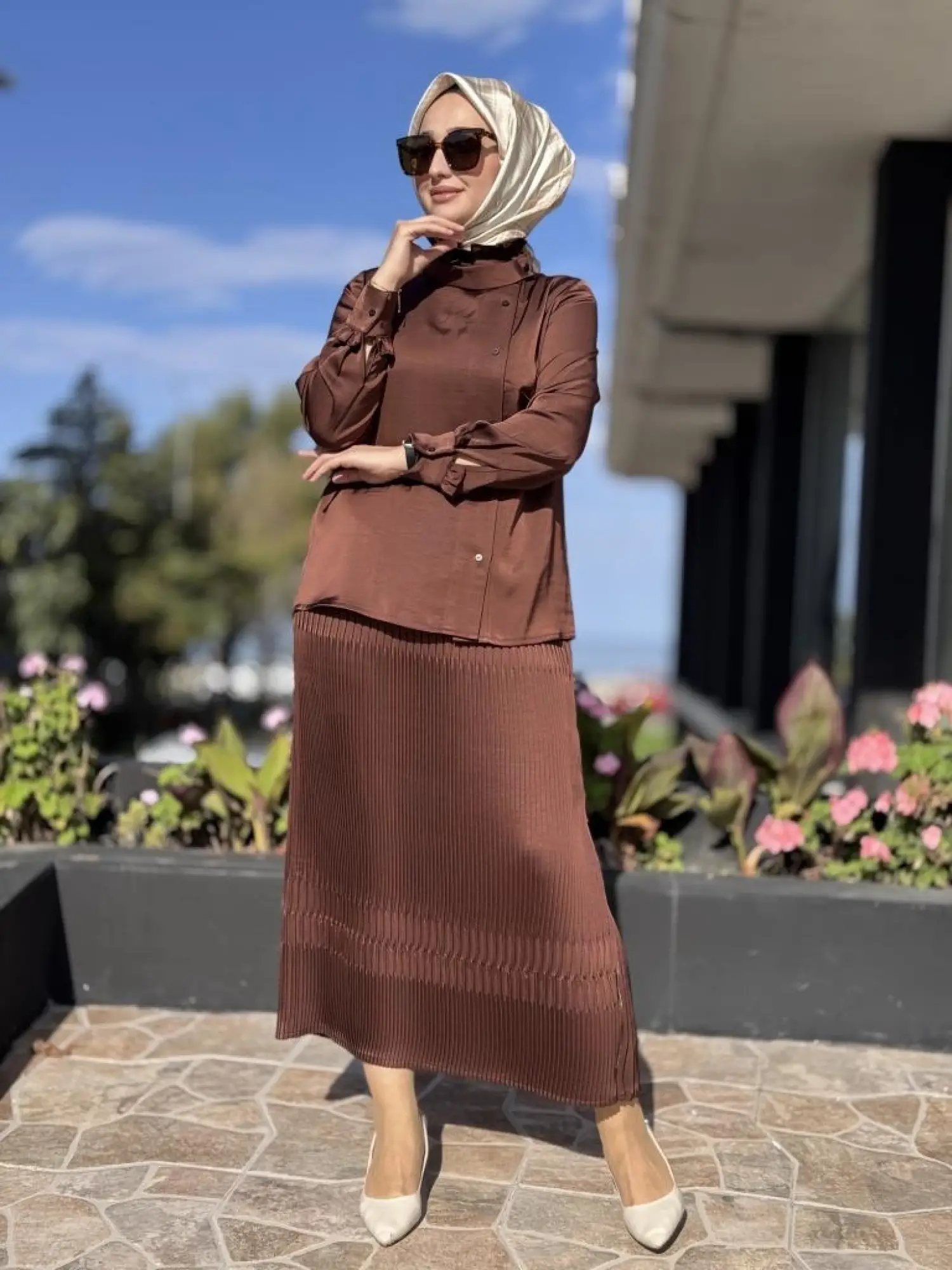 Misswhence Saten Pliseli Fermuarlı Etek Gömlek Takım 38015