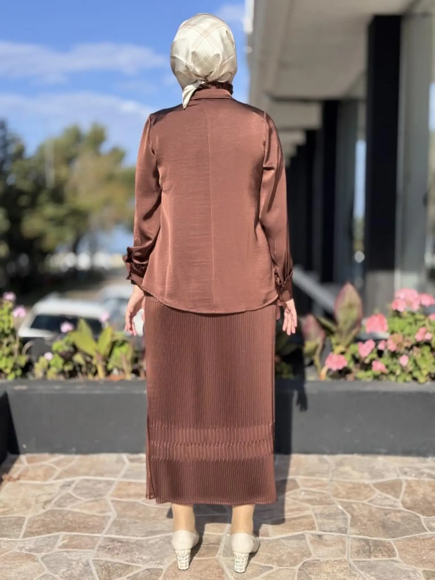 Misswhence Saten Pliseli Fermuarlı Etek Gömlek Takım 38015