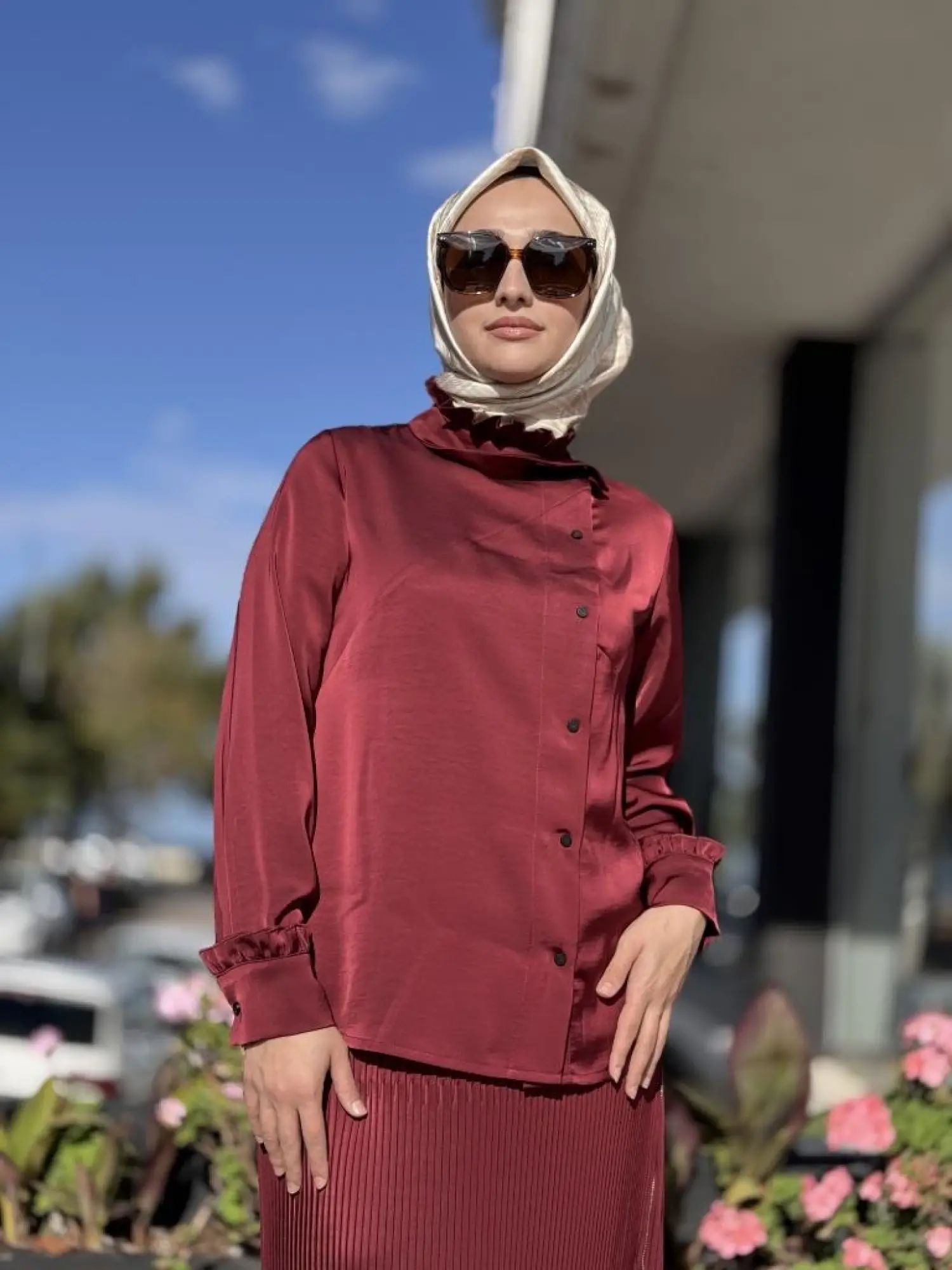 Misswhence Saten Pliseli Fermuarlı Etek Gömlek Takım 38015