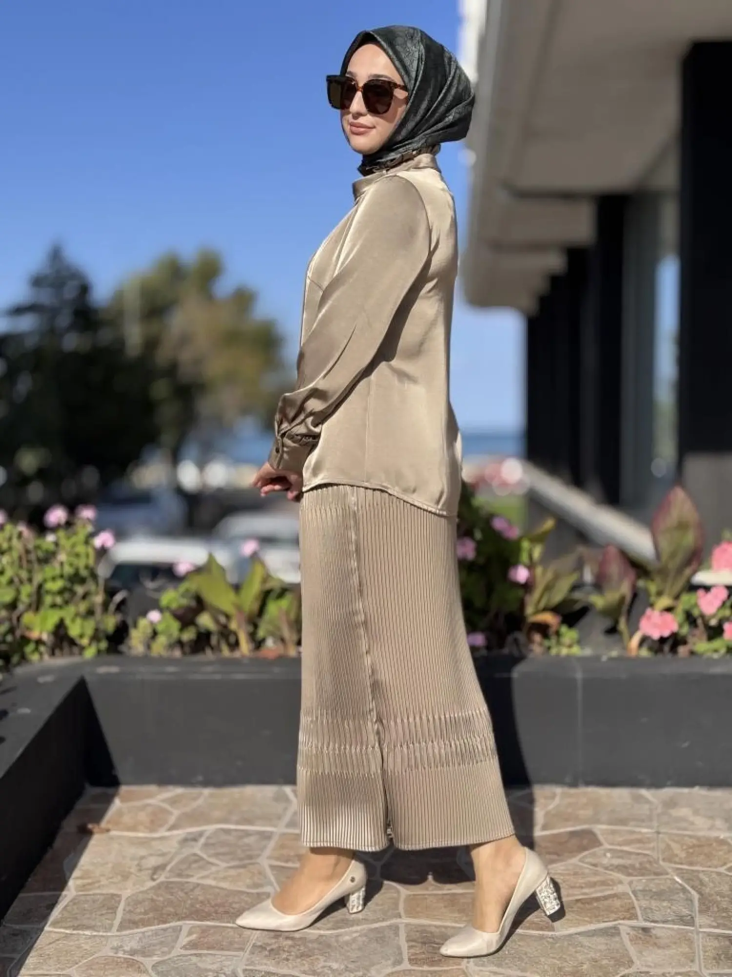 Misswhence Saten Pliseli Fermuarlı Etek Gömlek Takım 38015