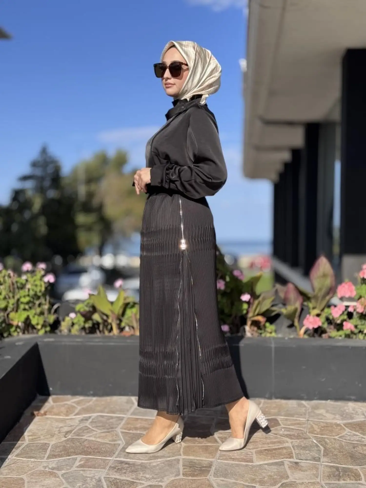 Misswhence Saten Pliseli Fermuarlı Etek Gömlek Takım 38015