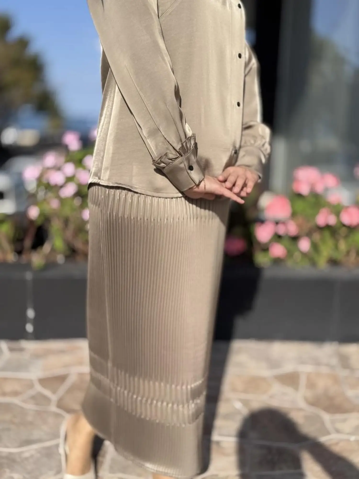 Misswhence Saten Pliseli Fermuarlı Etek Gömlek Takım 38015