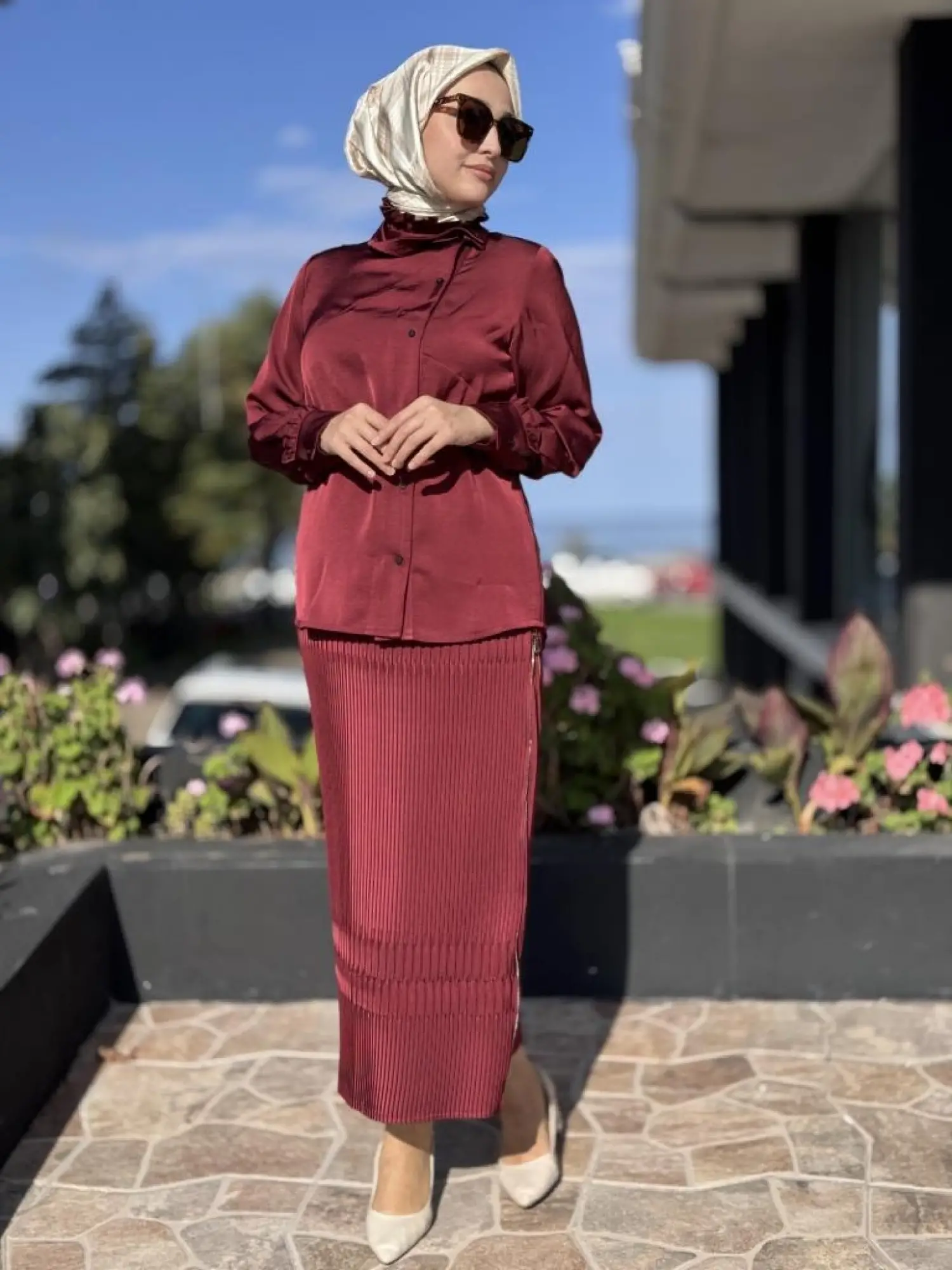 Misswhence Saten Pliseli Fermuarlı Etek Gömlek Takım 38015