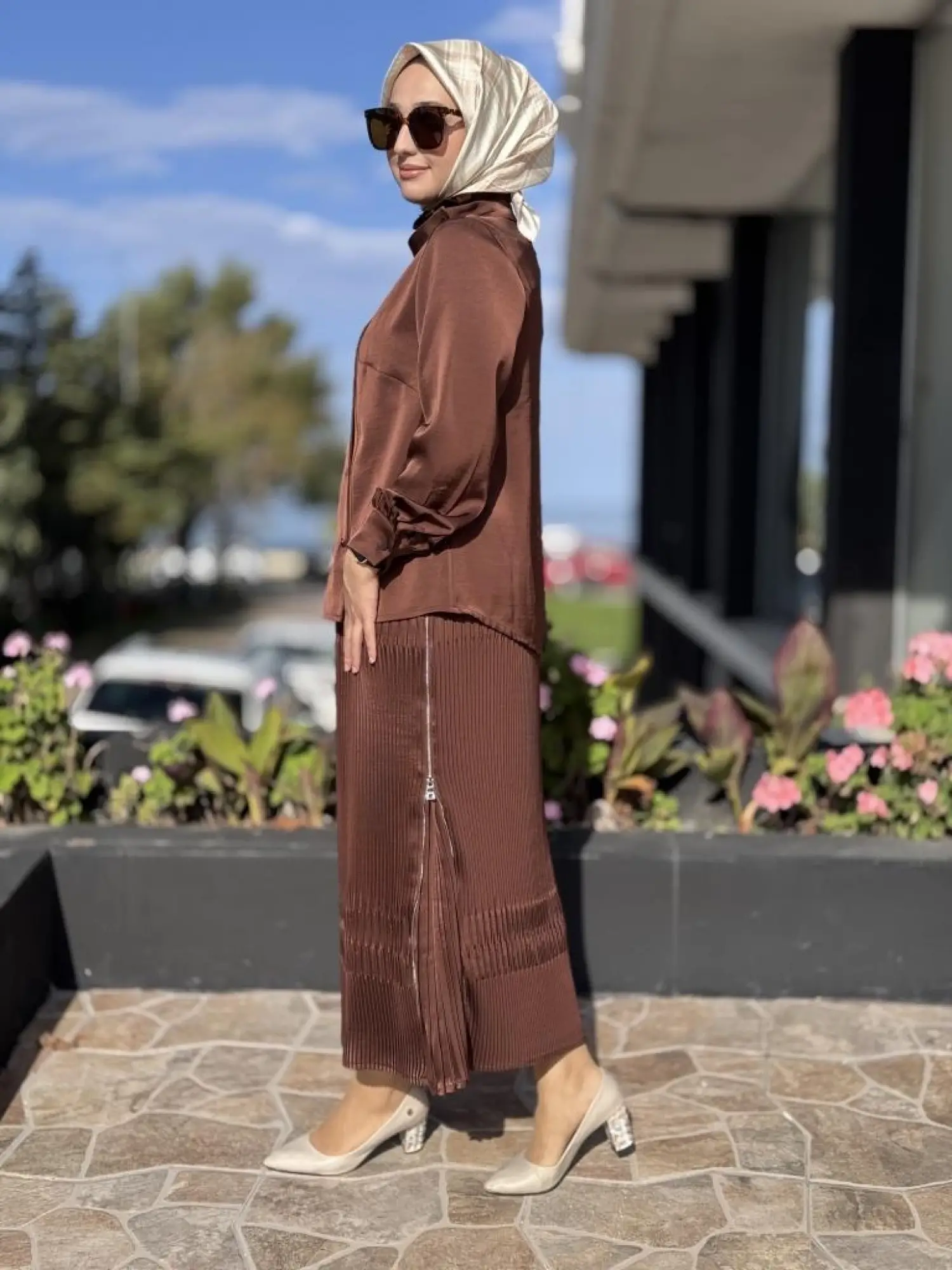 Misswhence Saten Pliseli Fermuarlı Etek Gömlek Takım 38015