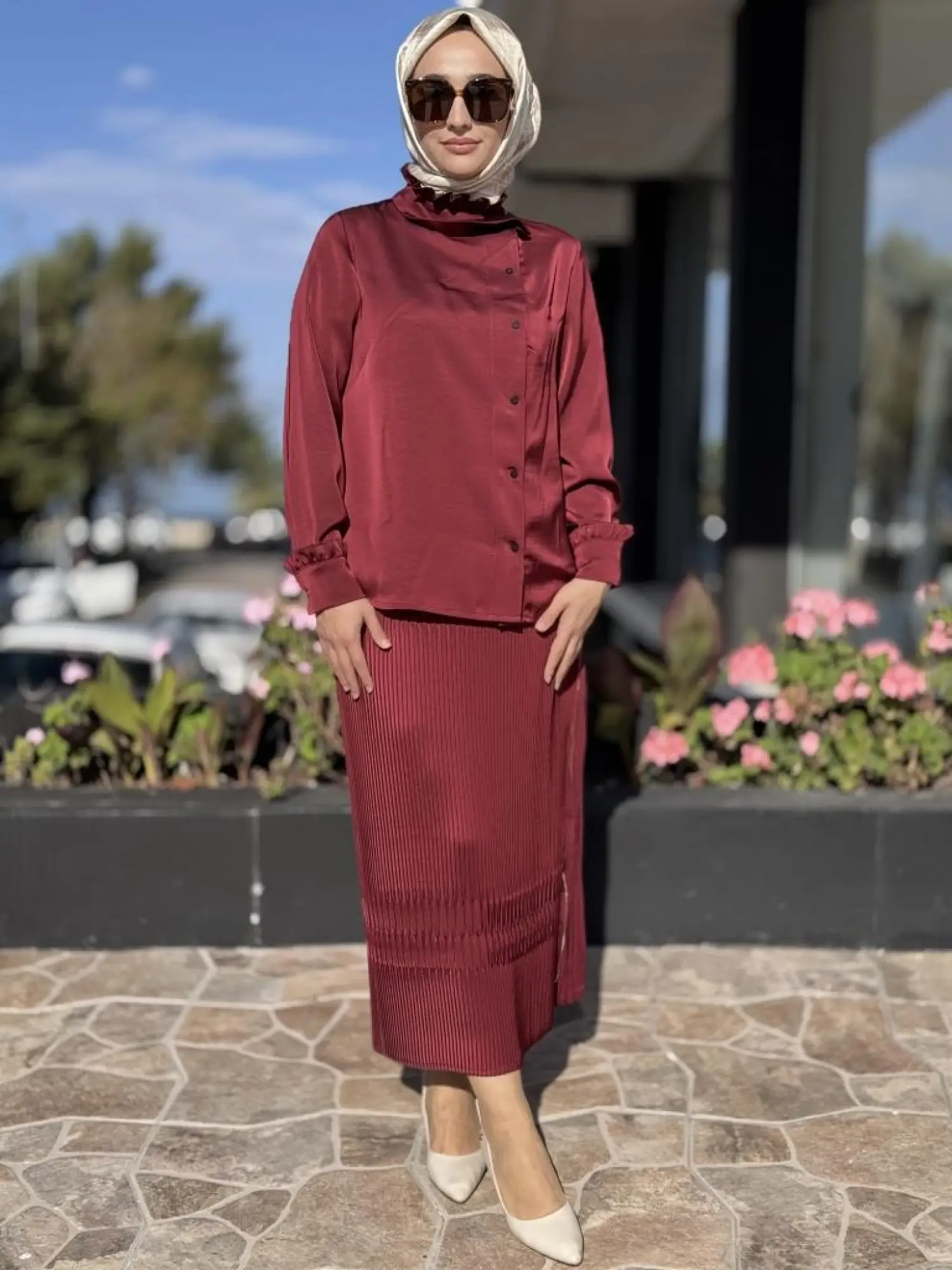 Misswhence Saten Pliseli Fermuarlı Etek Gömlek Takım 38015