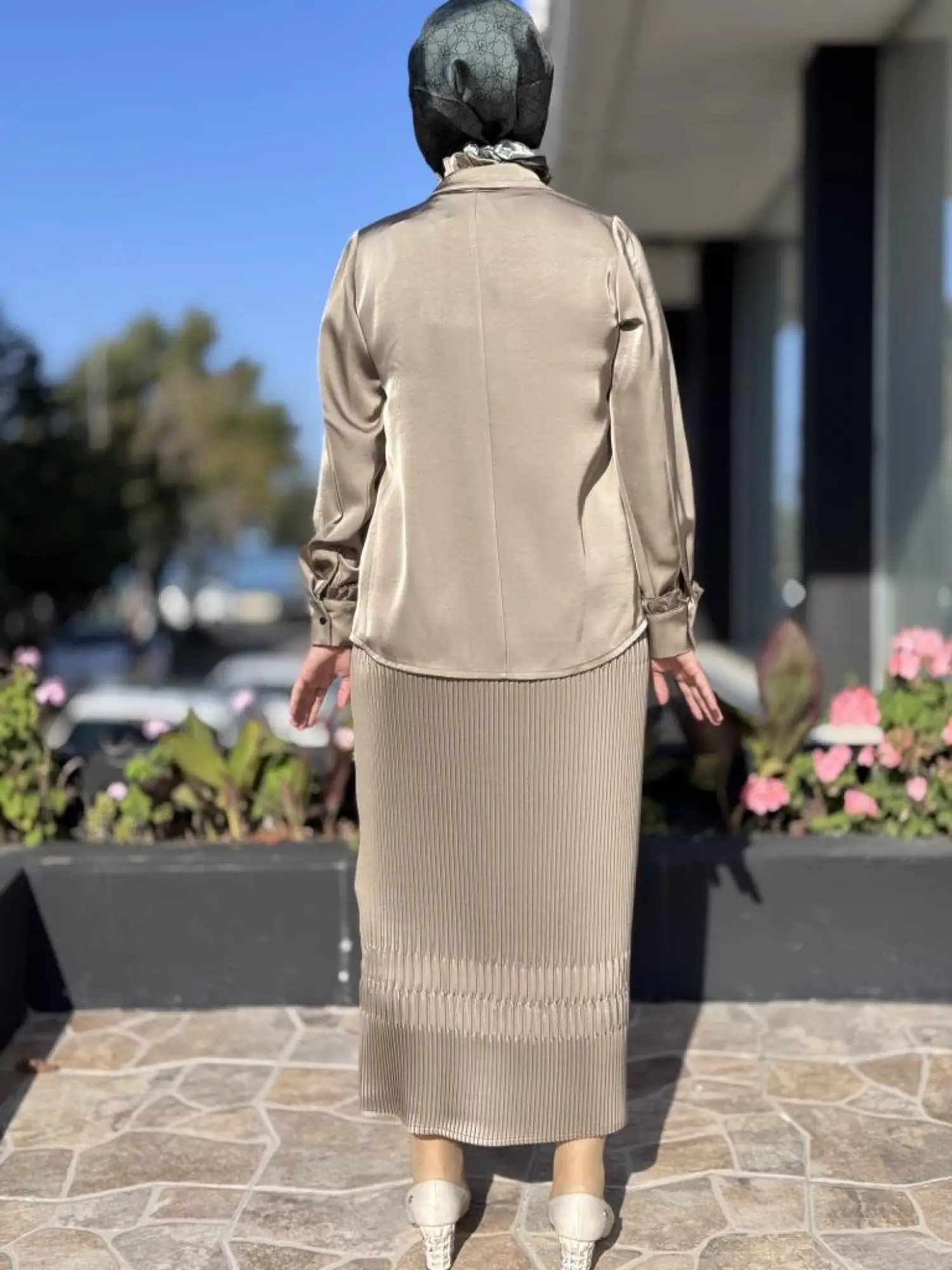 Misswhence Saten Pliseli Fermuarlı Etek Gömlek Takım 38015