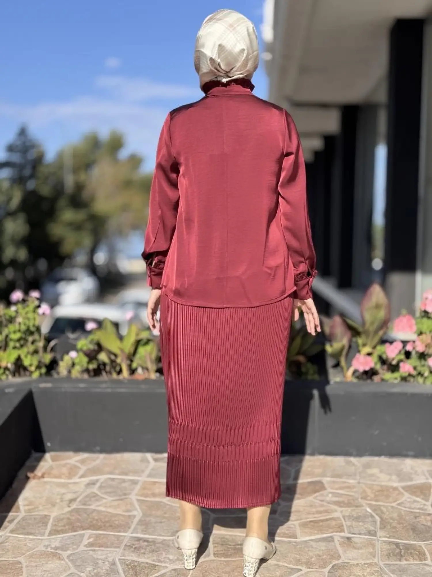 Misswhence Saten Pliseli Fermuarlı Etek Gömlek Takım 38015