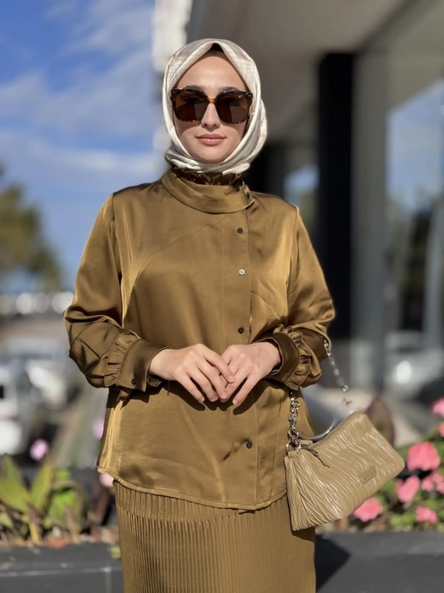 Misswhence Saten Pliseli Fermuarlı Etek Gömlek Takım 38015