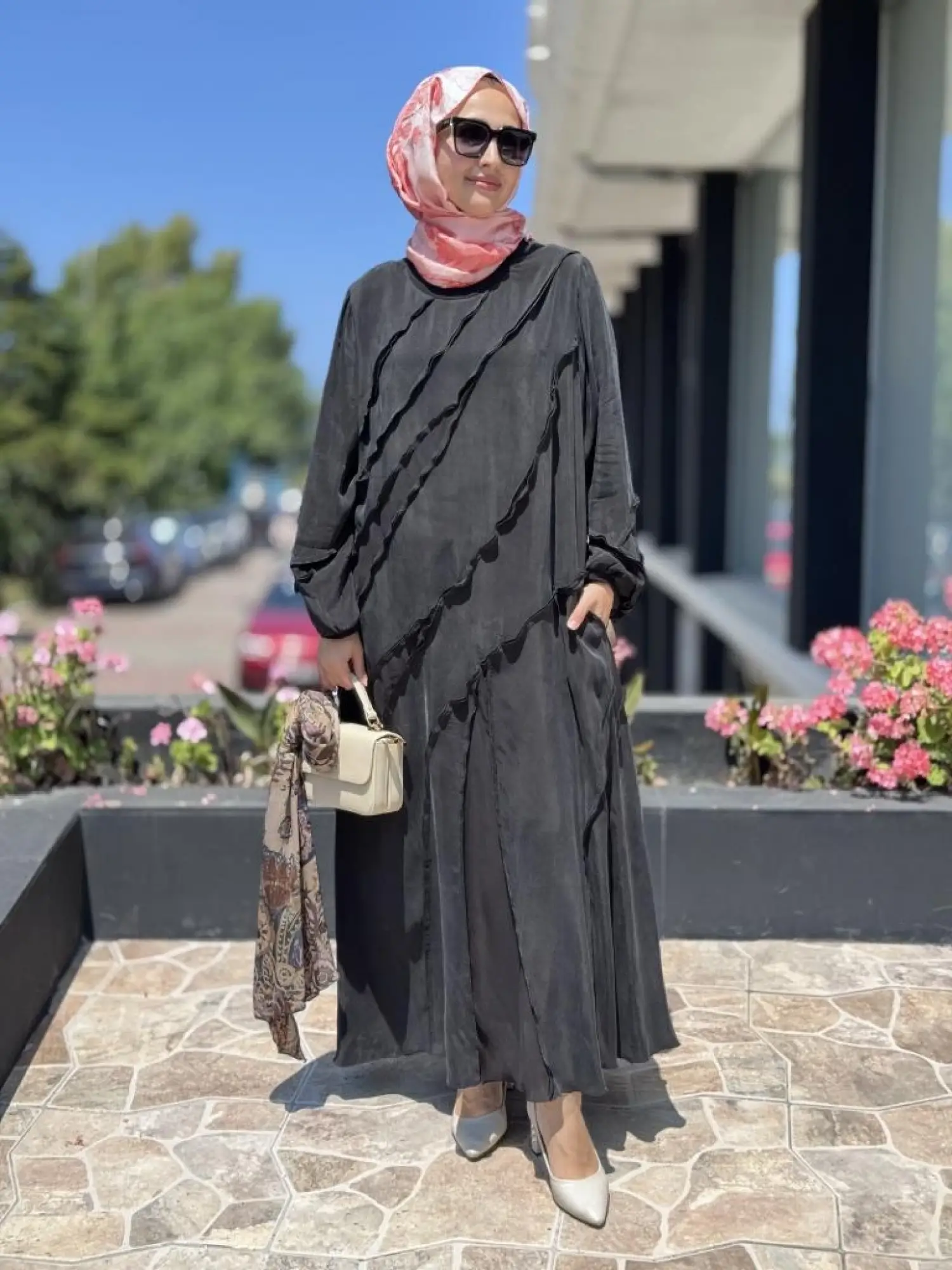 Misswhence Şifon Detaylı Nervürlü Büyük Beden Şallı Cupra İpek Elbise V3175