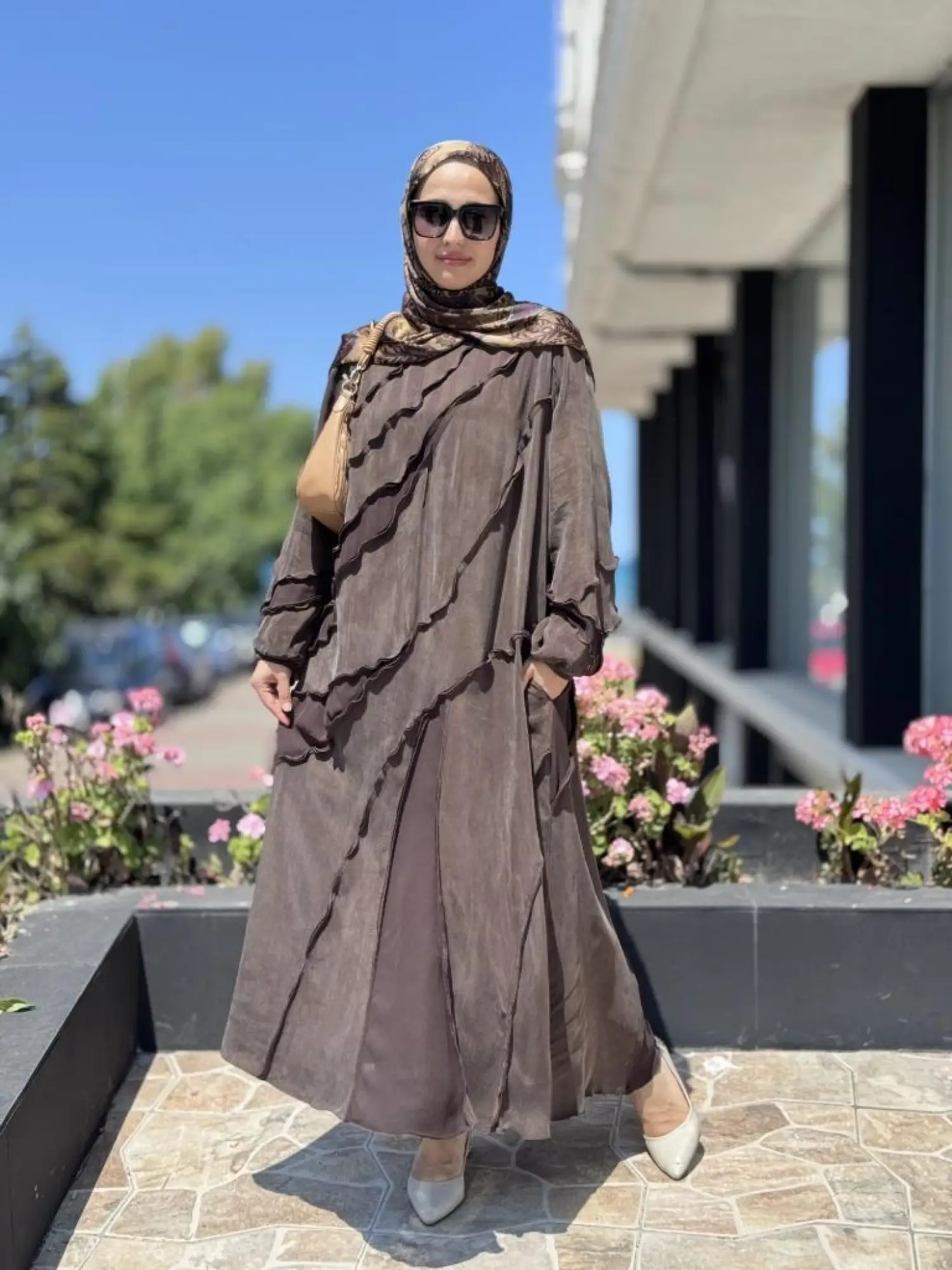 Misswhence Şifon Detaylı Nervürlü Büyük Beden Şallı Cupra İpek Elbise V3175