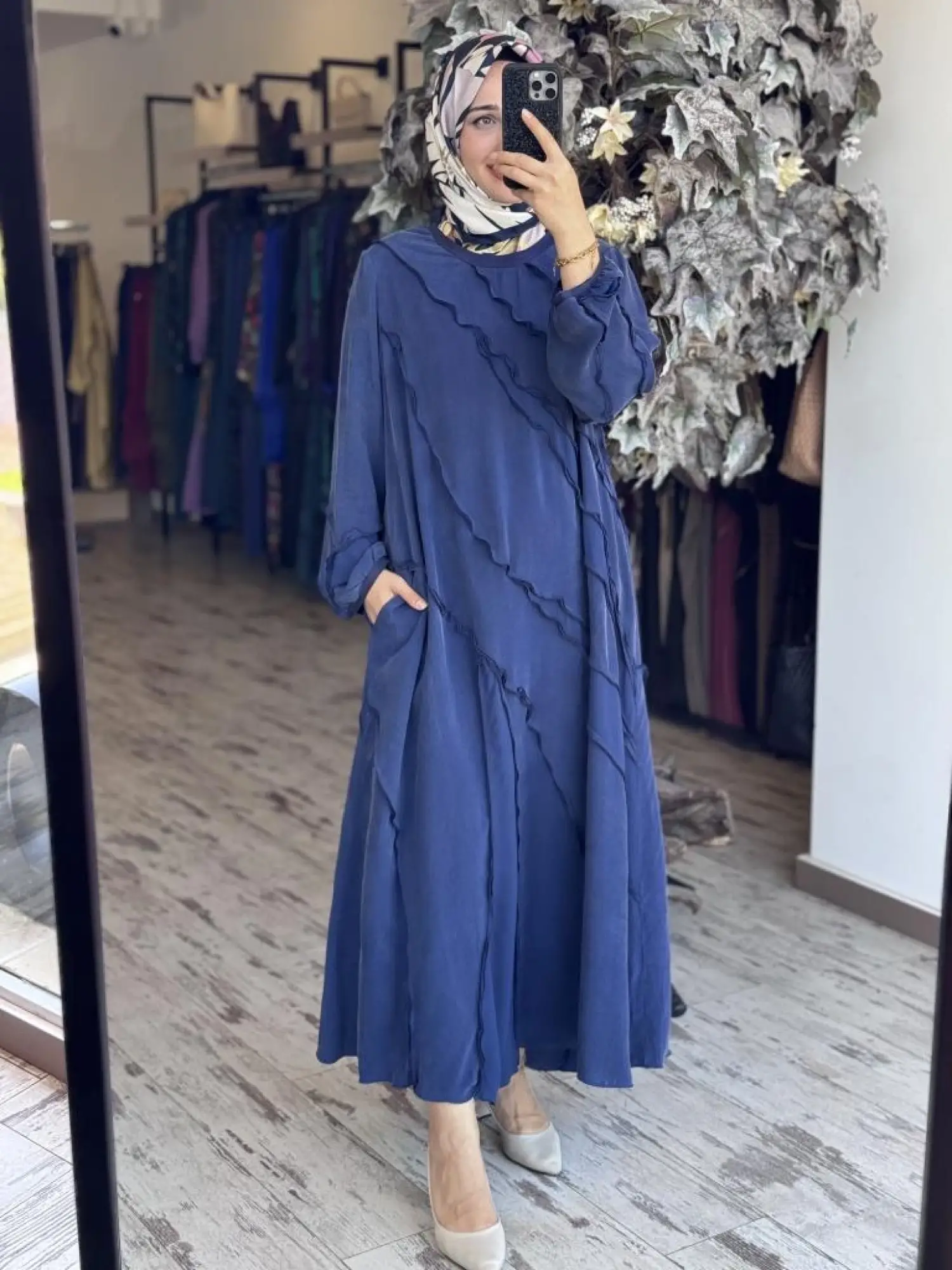 Misswhence Şifon Detaylı Nervürlü Büyük Beden Şallı Cupra İpek Elbise V3175