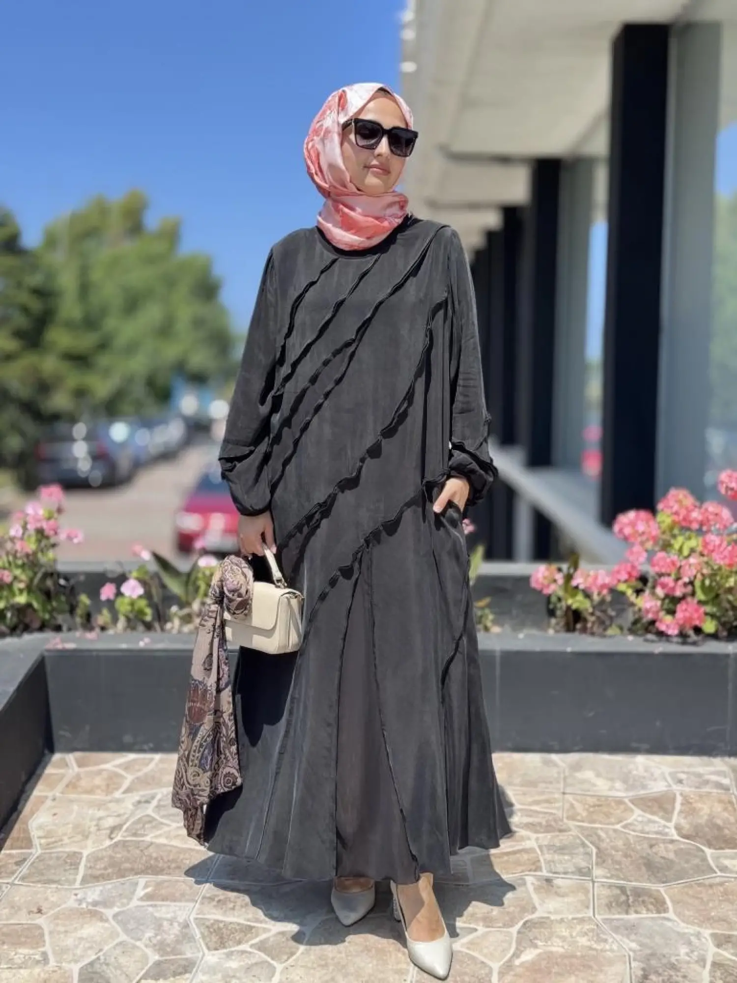 Misswhence Şifon Detaylı Nervürlü Büyük Beden Şallı Cupra İpek Elbise V3175