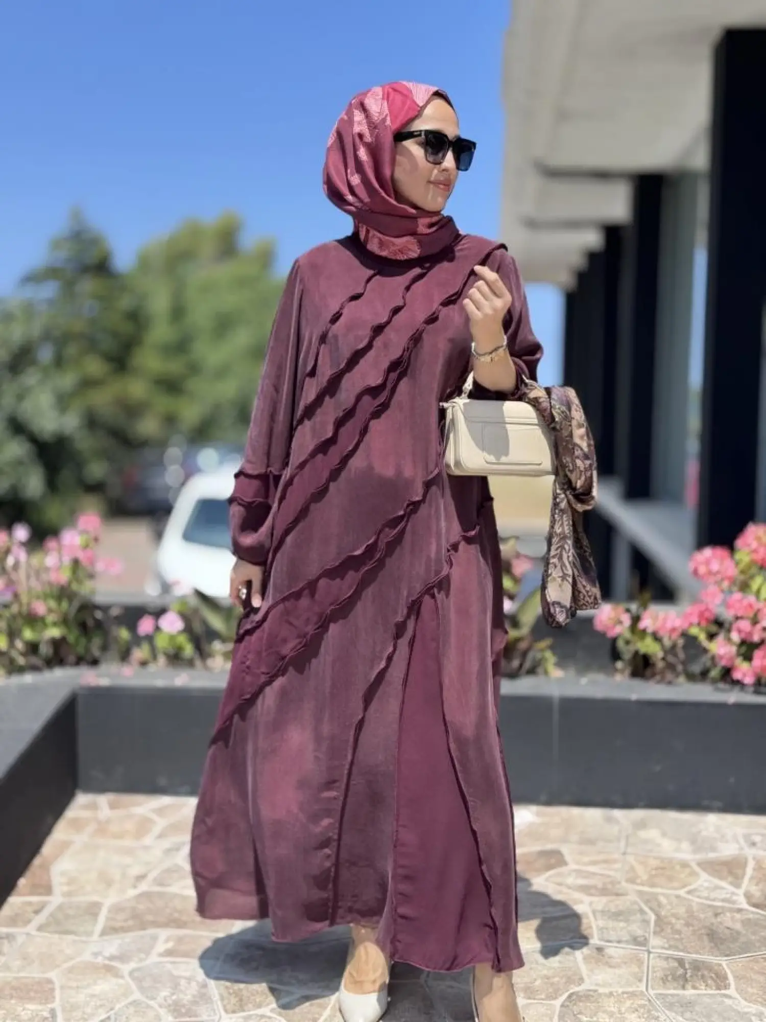 Misswhence Şifon Detaylı Nervürlü Büyük Beden Şallı Cupra İpek Elbise V3175