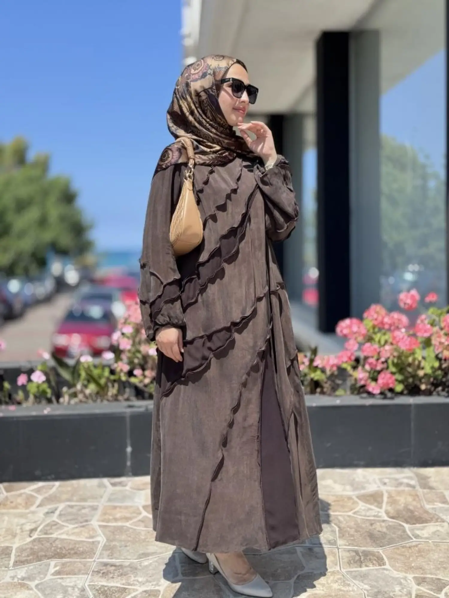 Misswhence Şifon Detaylı Nervürlü Büyük Beden Şallı Cupra İpek Elbise V3175