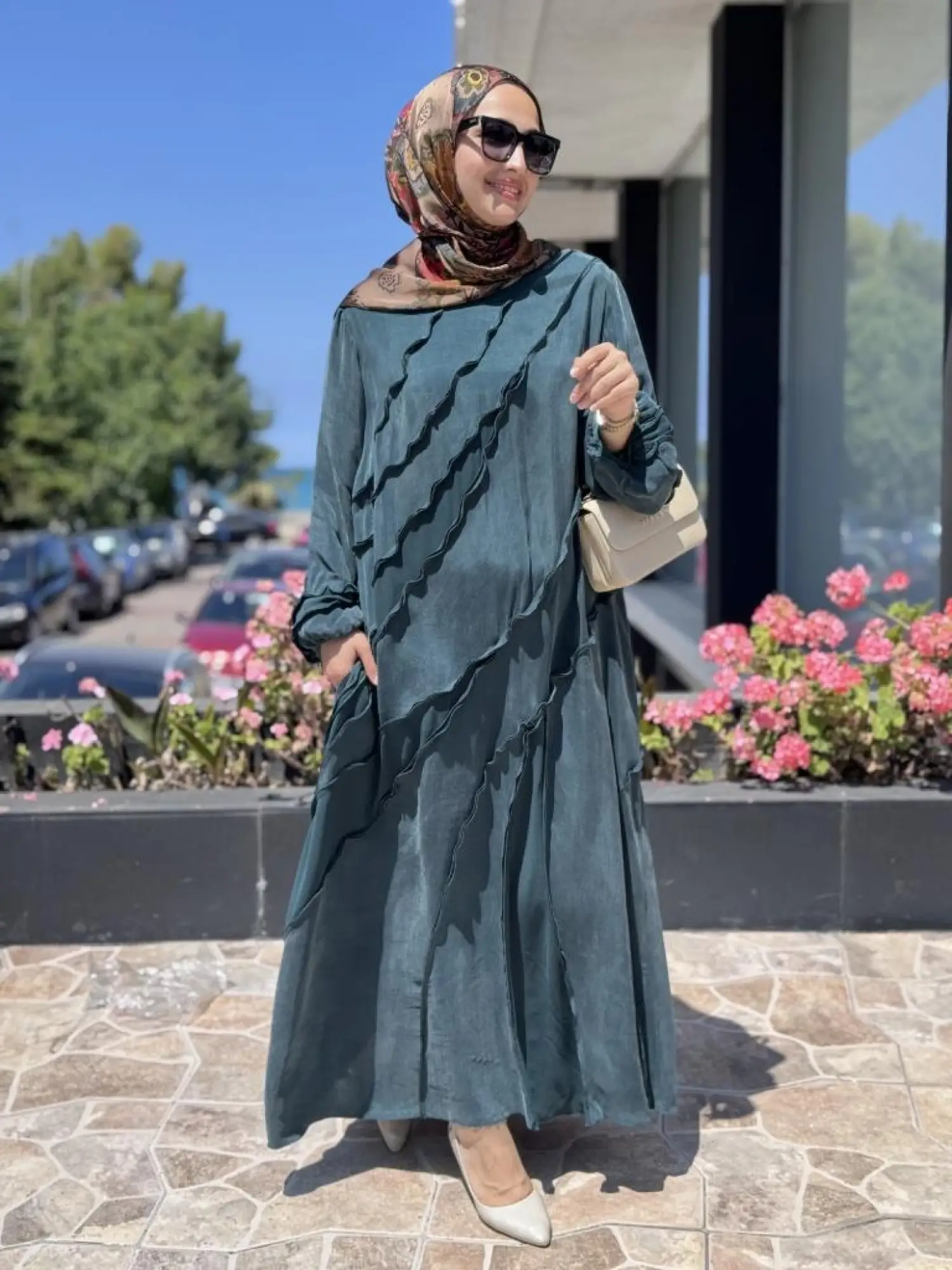 Misswhence Şifon Detaylı Nervürlü Büyük Beden Şallı Cupra İpek Elbise V3175