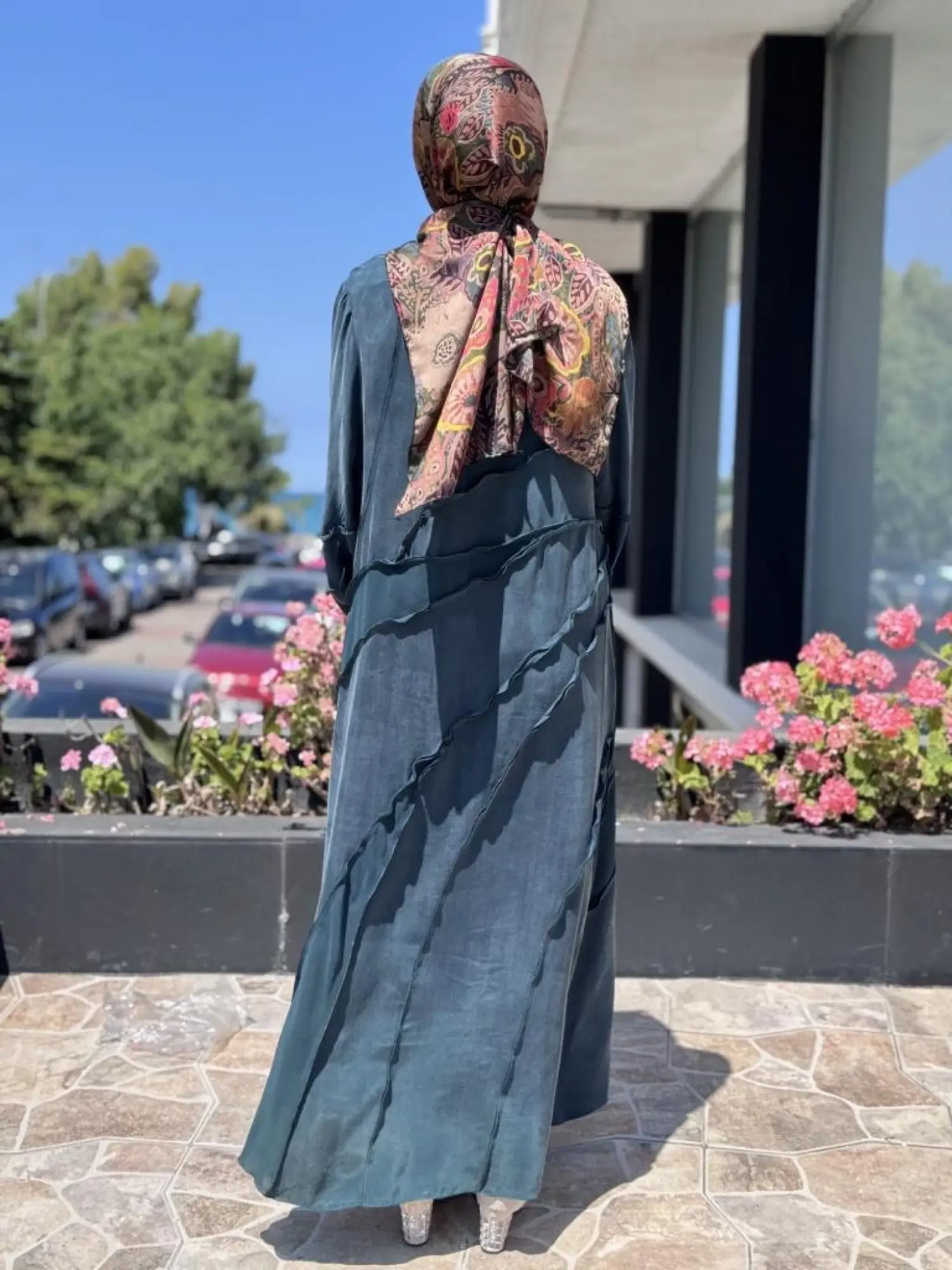 Misswhence Şifon Detaylı Nervürlü Büyük Beden Şallı Cupra İpek Elbise V3175