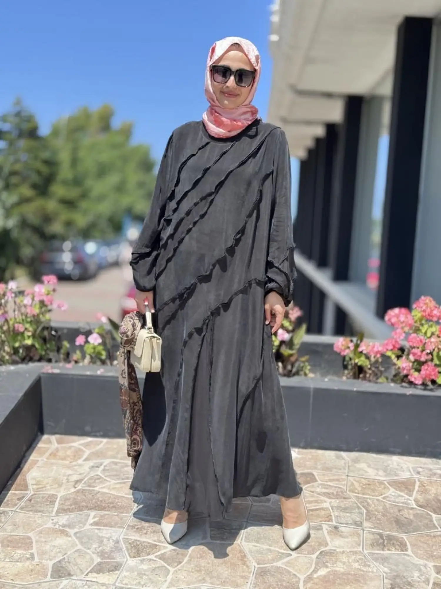 Misswhence Şifon Detaylı Nervürlü Büyük Beden Şallı Cupra İpek Elbise V3175