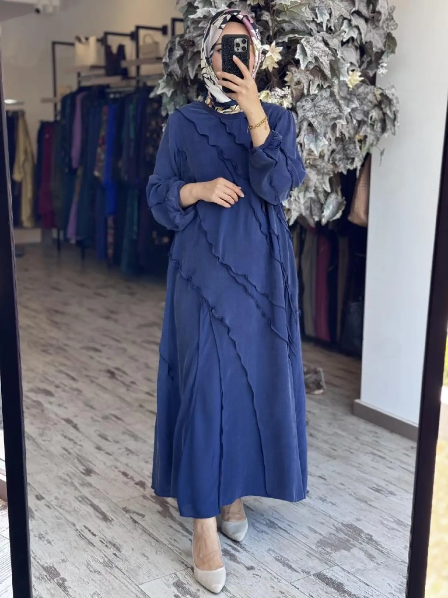 Misswhence Şifon Detaylı Nervürlü Büyük Beden Şallı Cupra İpek Elbise V3175