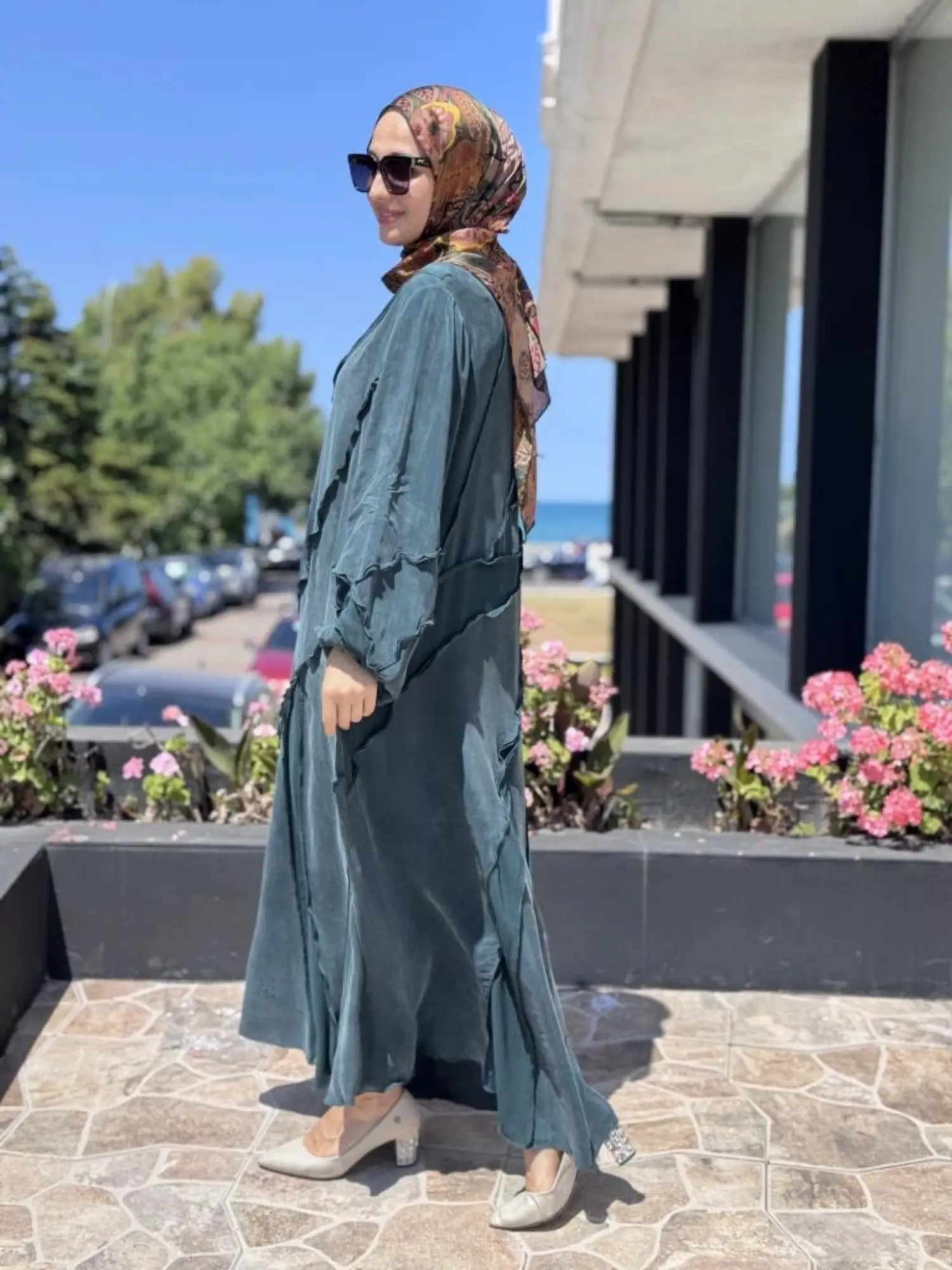 Misswhence Şifon Detaylı Nervürlü Büyük Beden Şallı Cupra İpek Elbise V3175