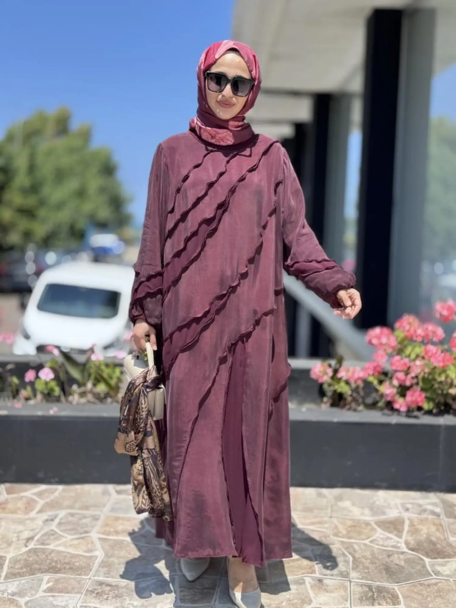 Misswhence Şifon Detaylı Nervürlü Büyük Beden Şallı Cupra İpek Elbise V3175