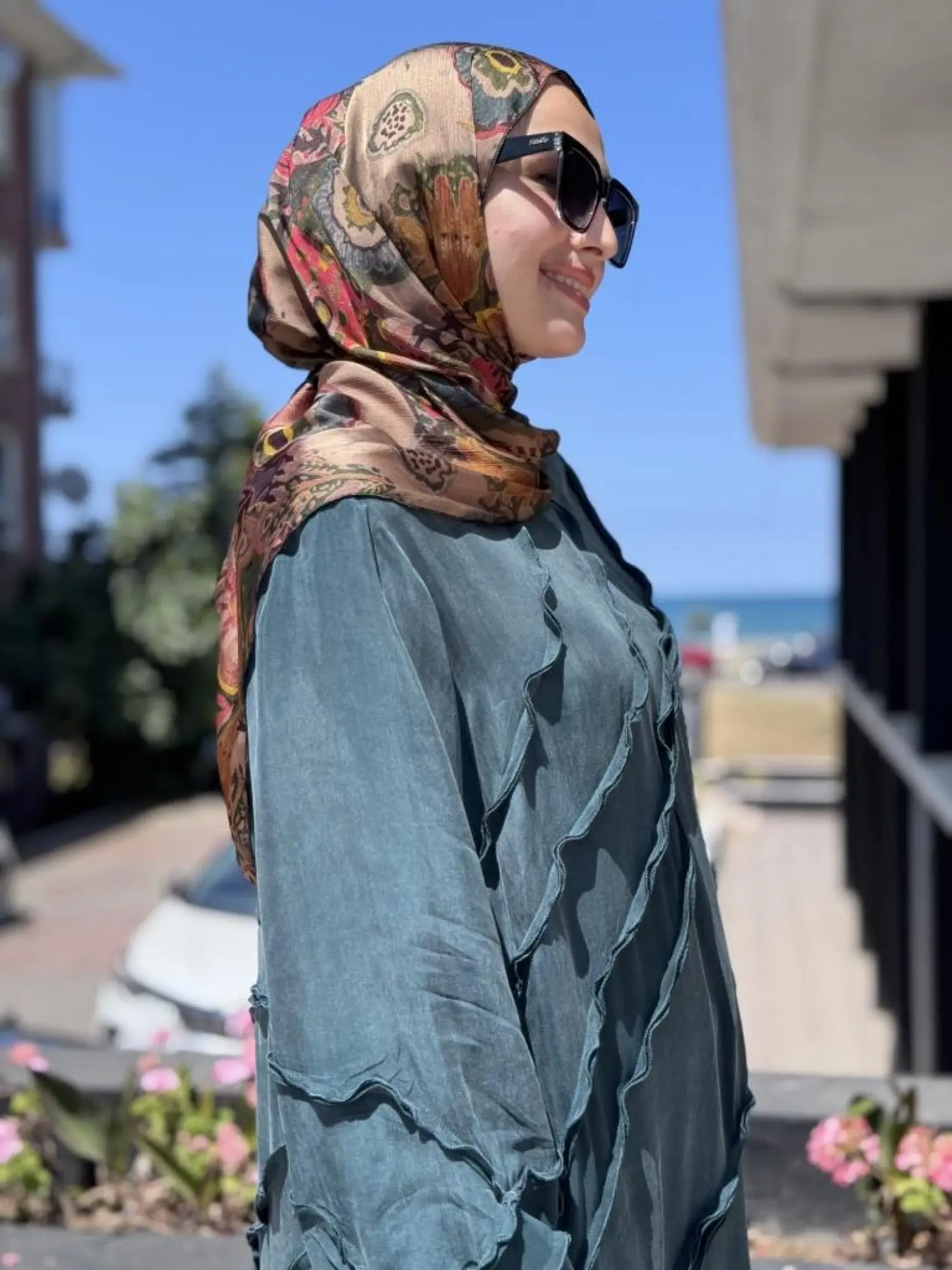 Misswhence Şifon Detaylı Nervürlü Büyük Beden Şallı Cupra İpek Elbise V3175