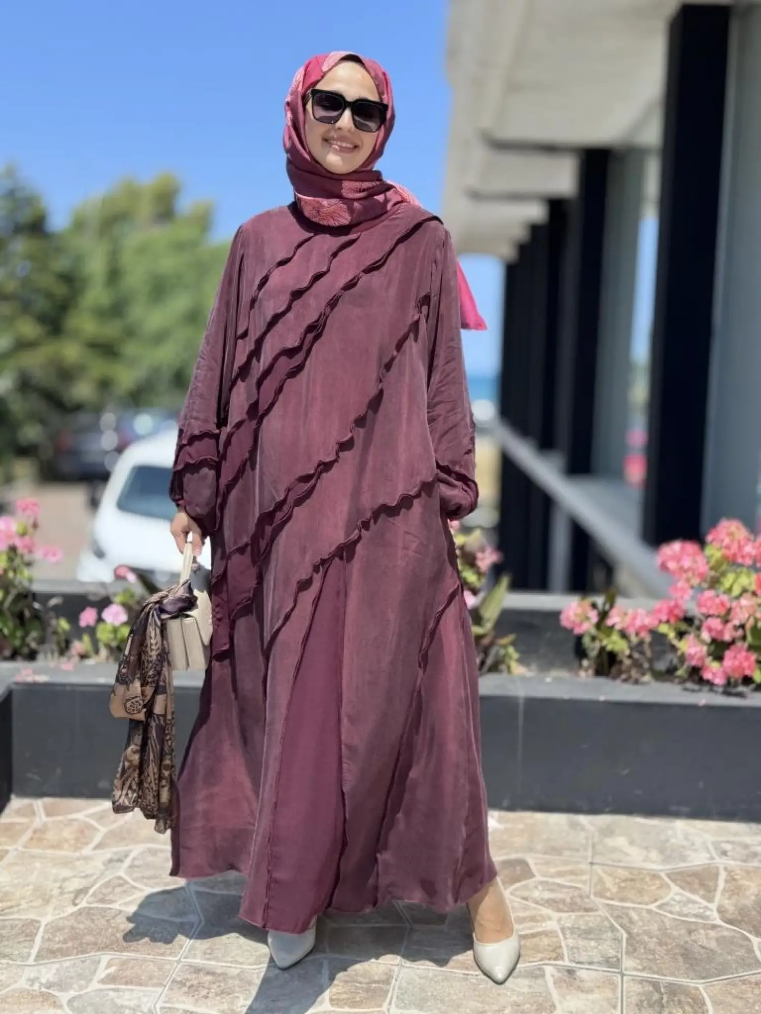 Misswhence Şifon Detaylı Nervürlü Büyük Beden Şallı Cupra İpek Elbise V3175