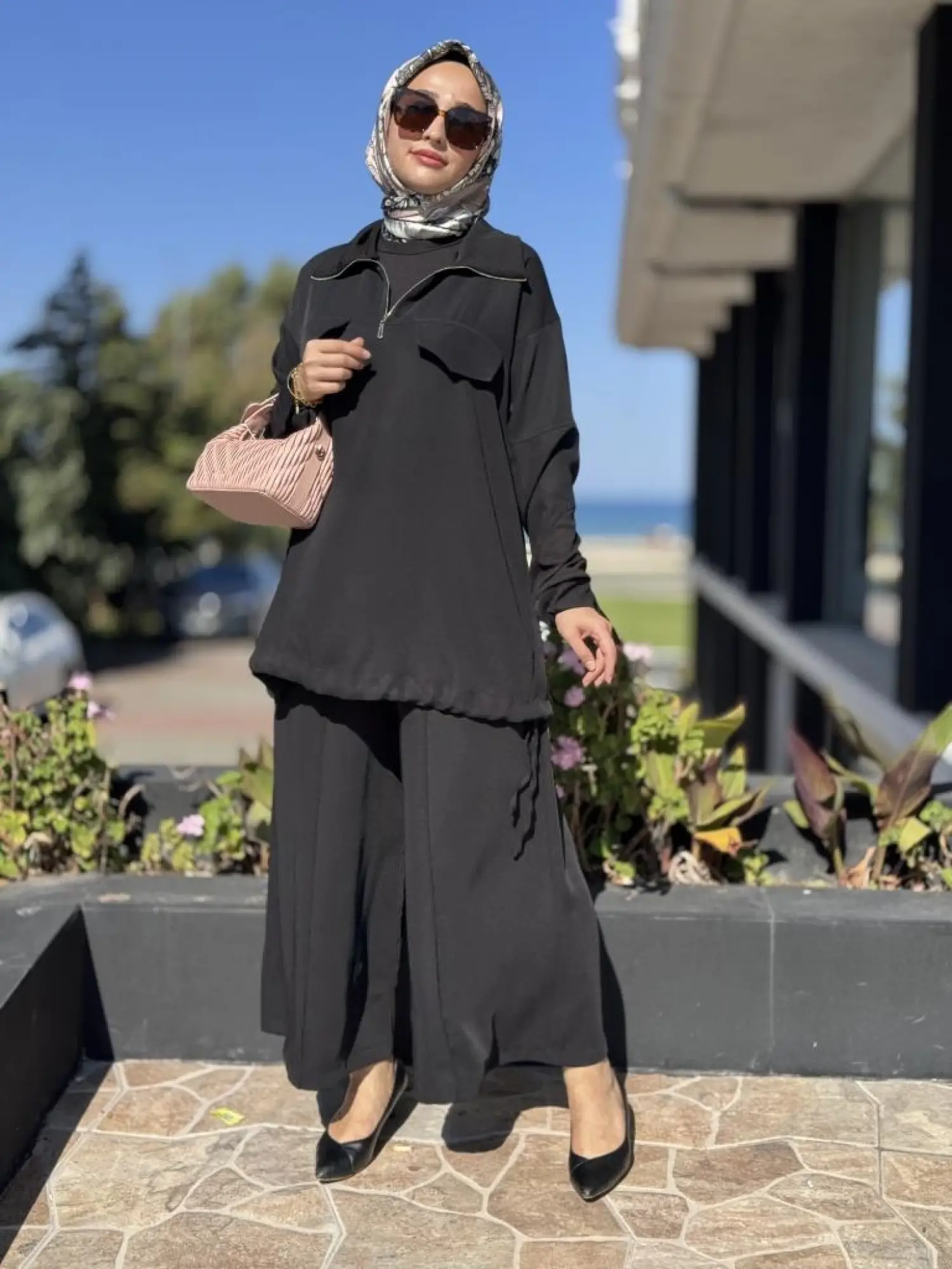 Misswhence Triko Detaylı Fermuar Yakalı Tunik Pantolon Takım 38008