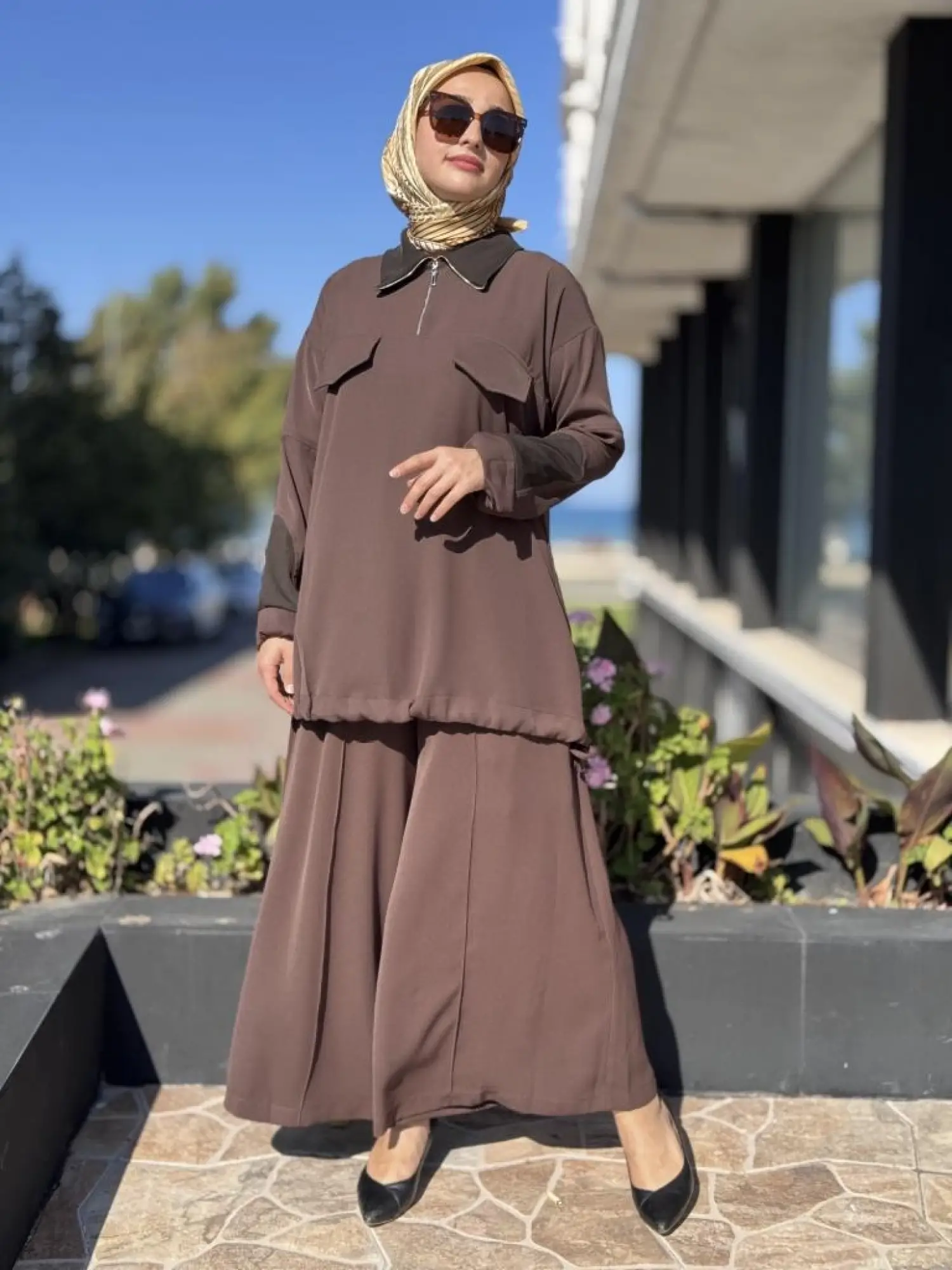 Misswhence Triko Detaylı Fermuar Yakalı Tunik Pantolon Takım 38008