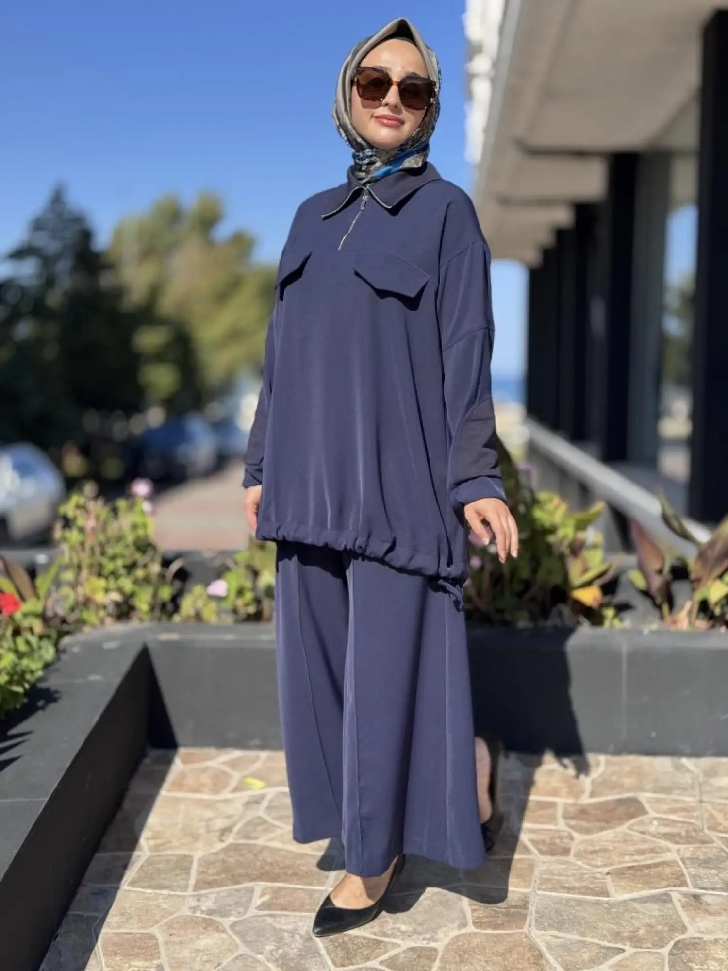 Misswhence Triko Detaylı Fermuar Yakalı Tunik Pantolon Takım 38008