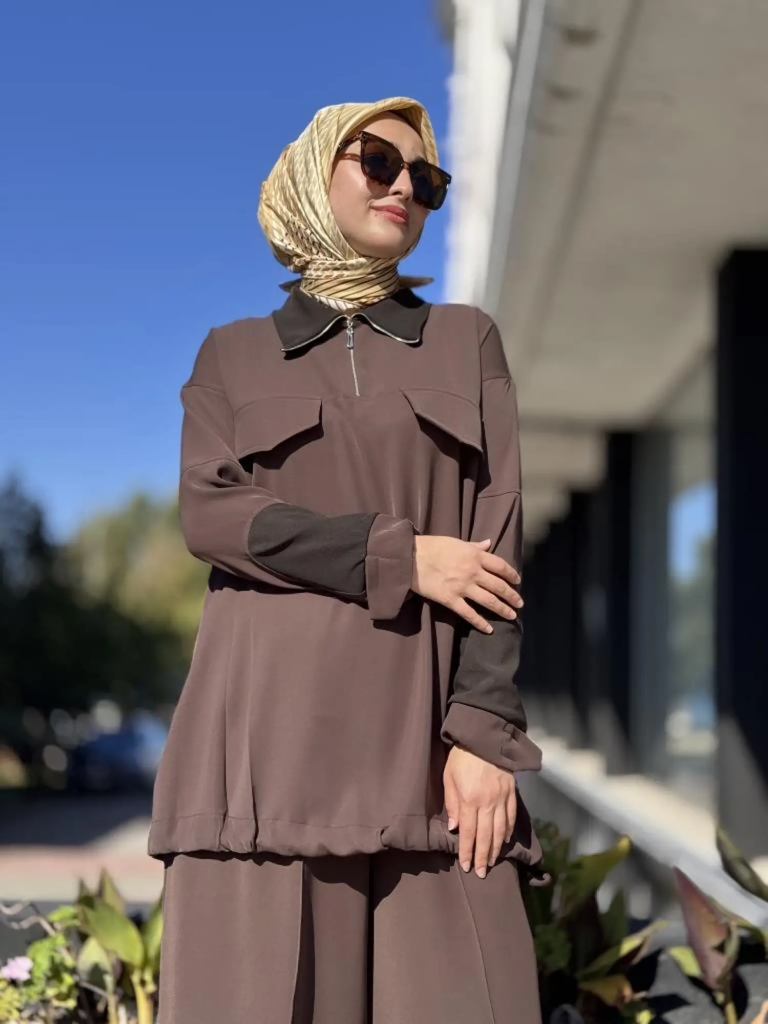 Misswhence Triko Detaylı Fermuar Yakalı Tunik Pantolon Takım 38008