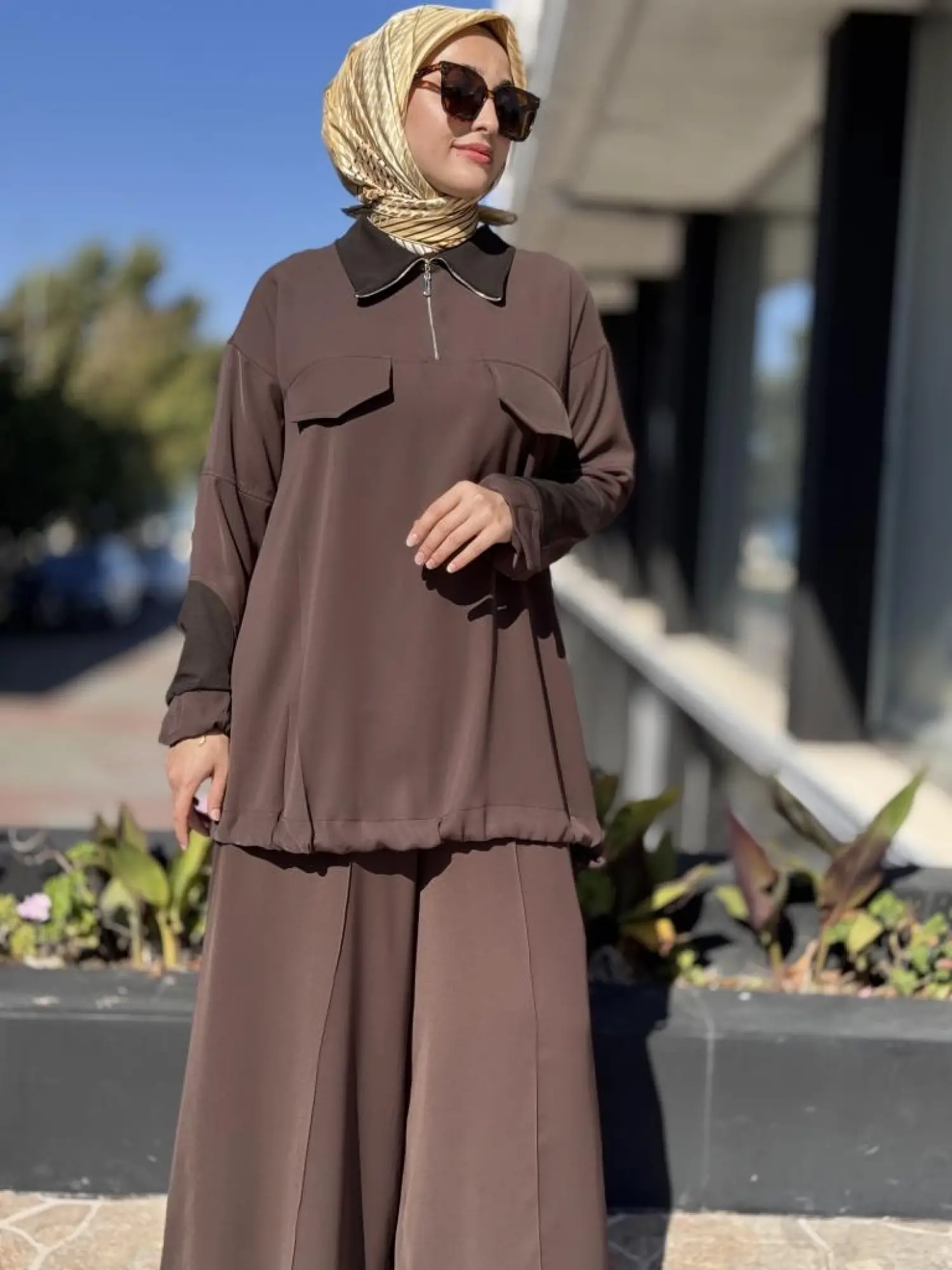 Misswhence Triko Detaylı Fermuar Yakalı Tunik Pantolon Takım 38008