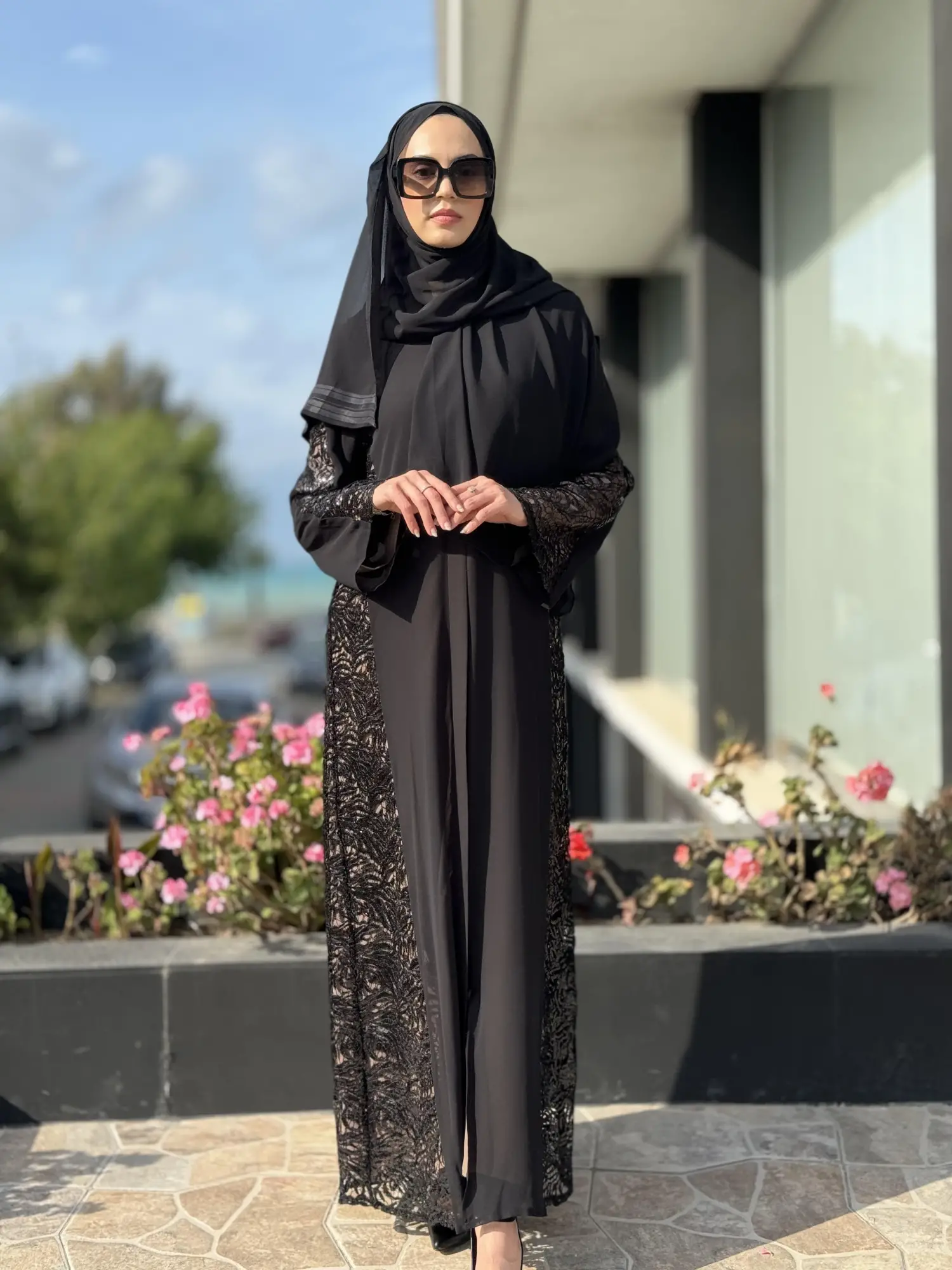 QEFFA Yanları Ve Kolları Dantelli Siyah Ferace / Elbise Q162