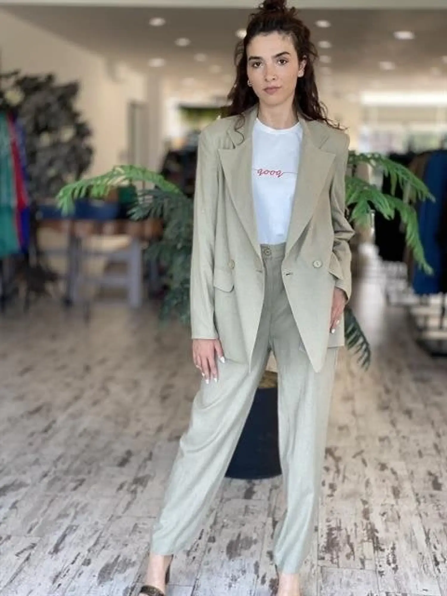 QOOQ Keten Haki Pantolon 23SS308