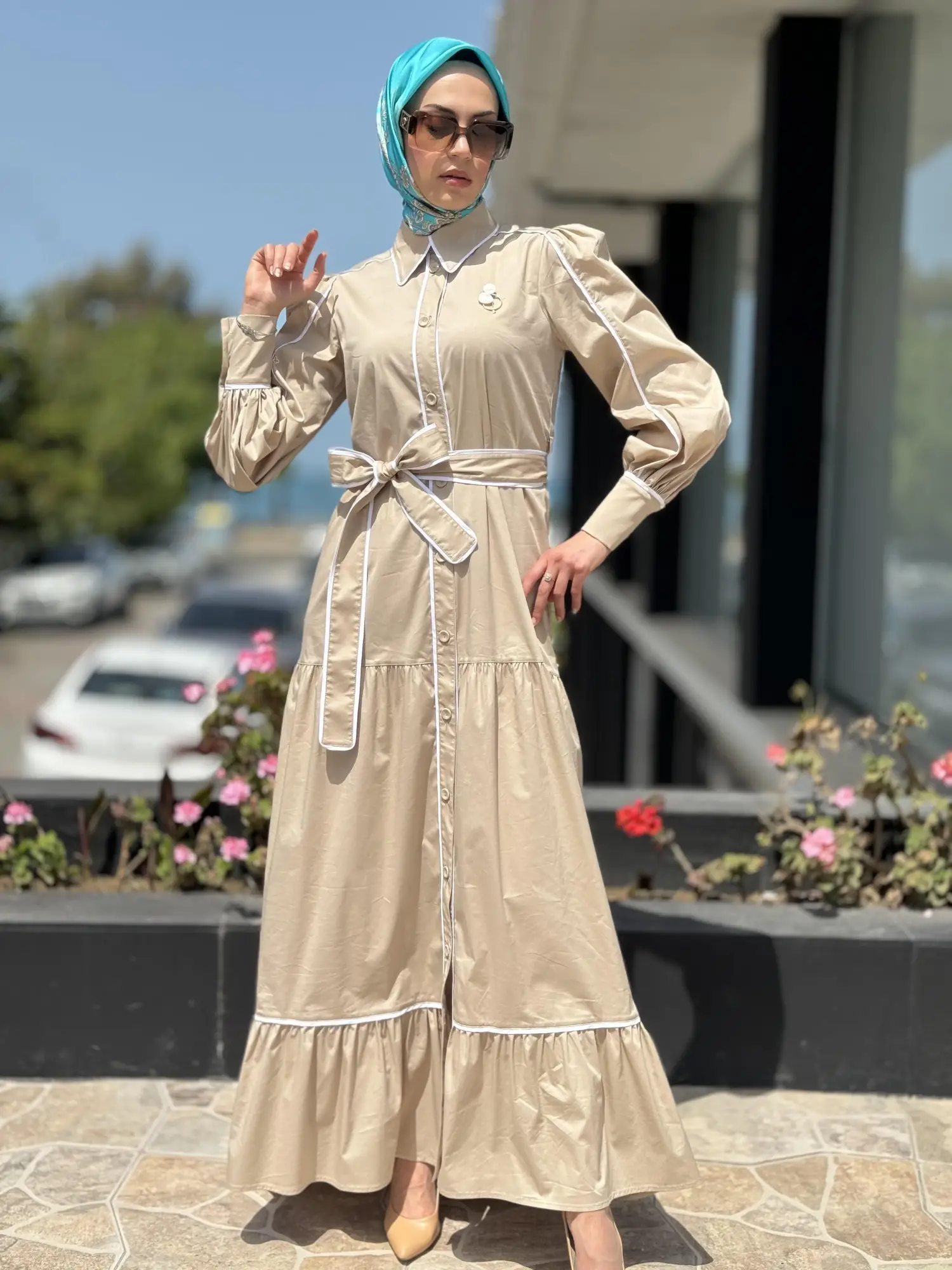 Qupra Düğmeli Kuşaklı Astarlı Poplin Elbise QAY65007