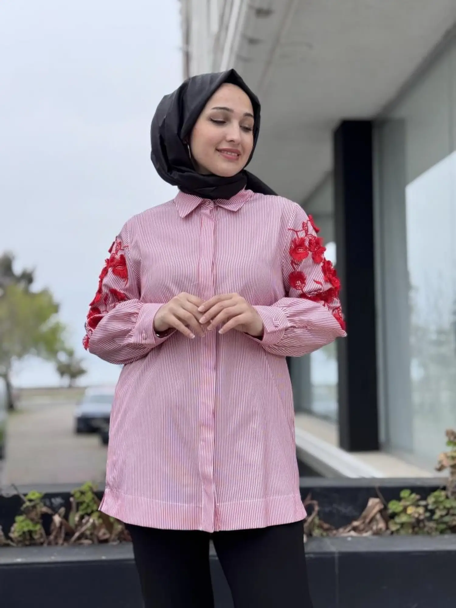 Qupra Kolları Nakışlı Çizgili Poplin Gömlek WAB84009