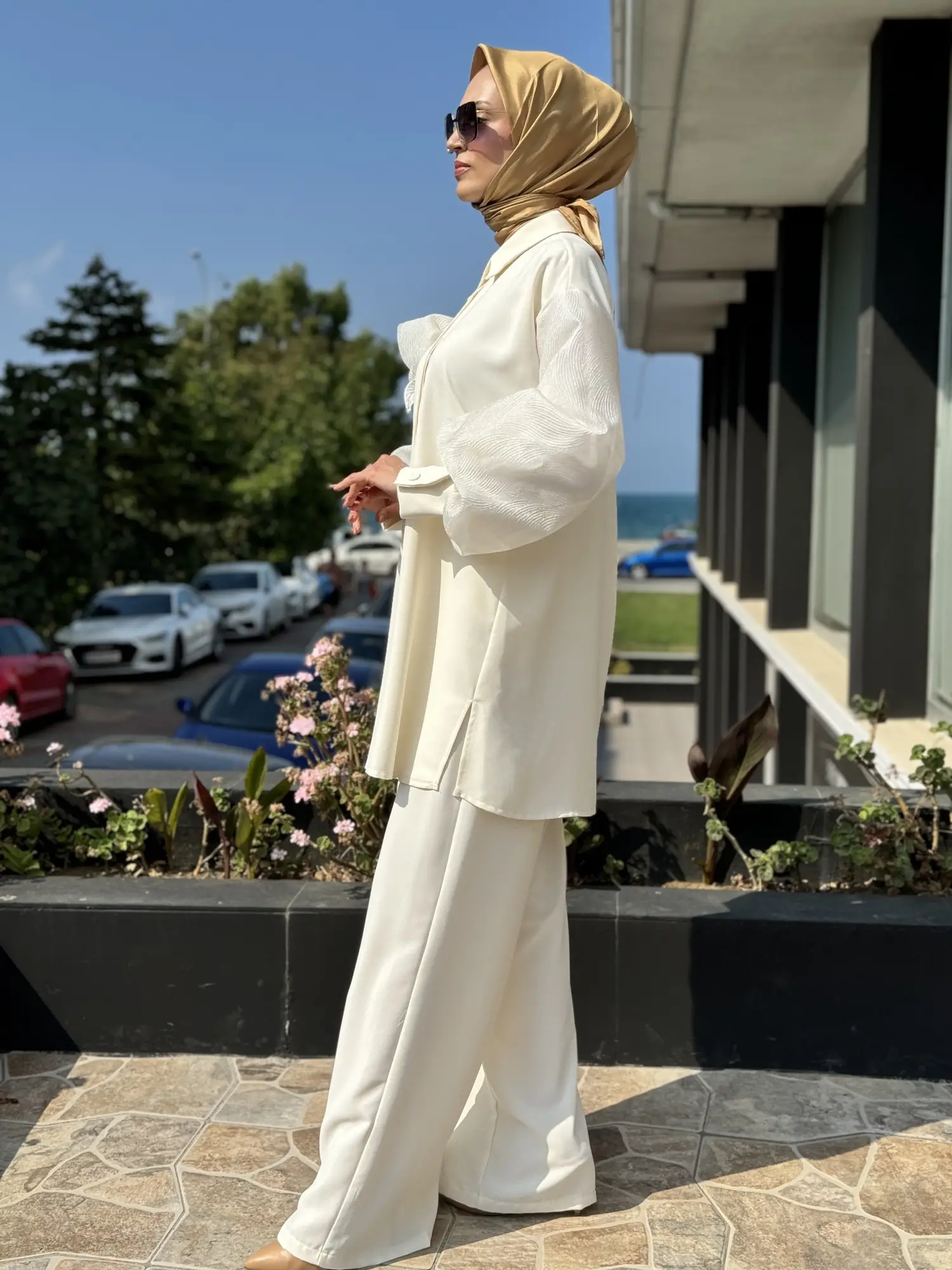 Qupra Kolları Organze Detaylı Şık Gömlek Pantolon Takım QAY62099