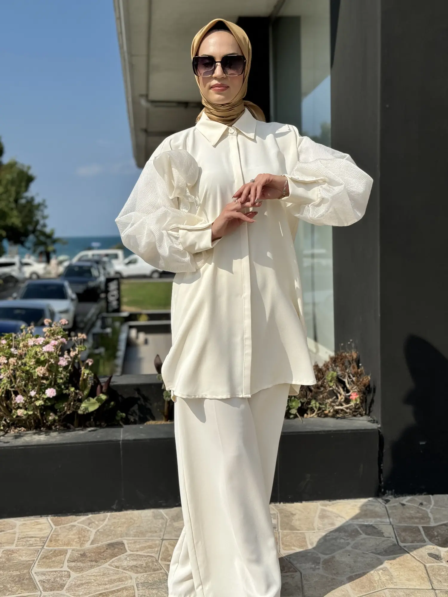 Qupra Kolları Organze Detaylı Şık Gömlek Pantolon Takım QAY62099