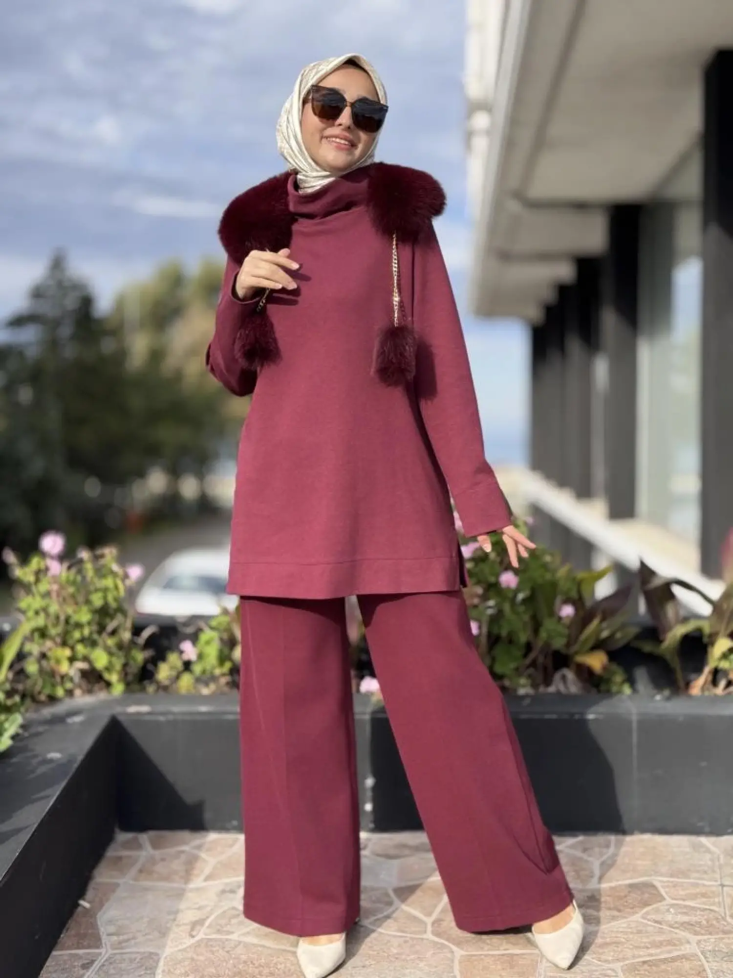 Qupra Seyyar Kürk Aksesuarlı Tunik Pantolon Takım WAC92054