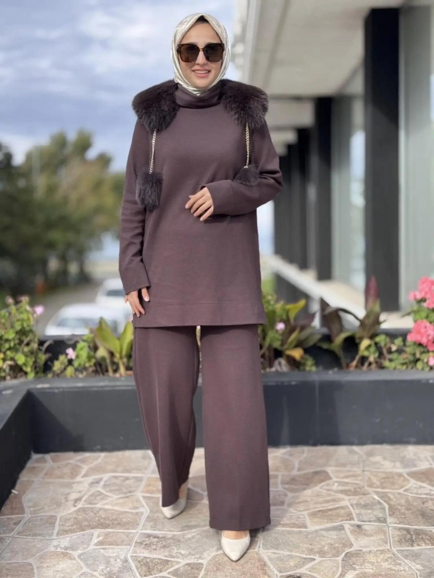 Qupra Seyyar Kürk Aksesuarlı Tunik Pantolon Takım WAC92054