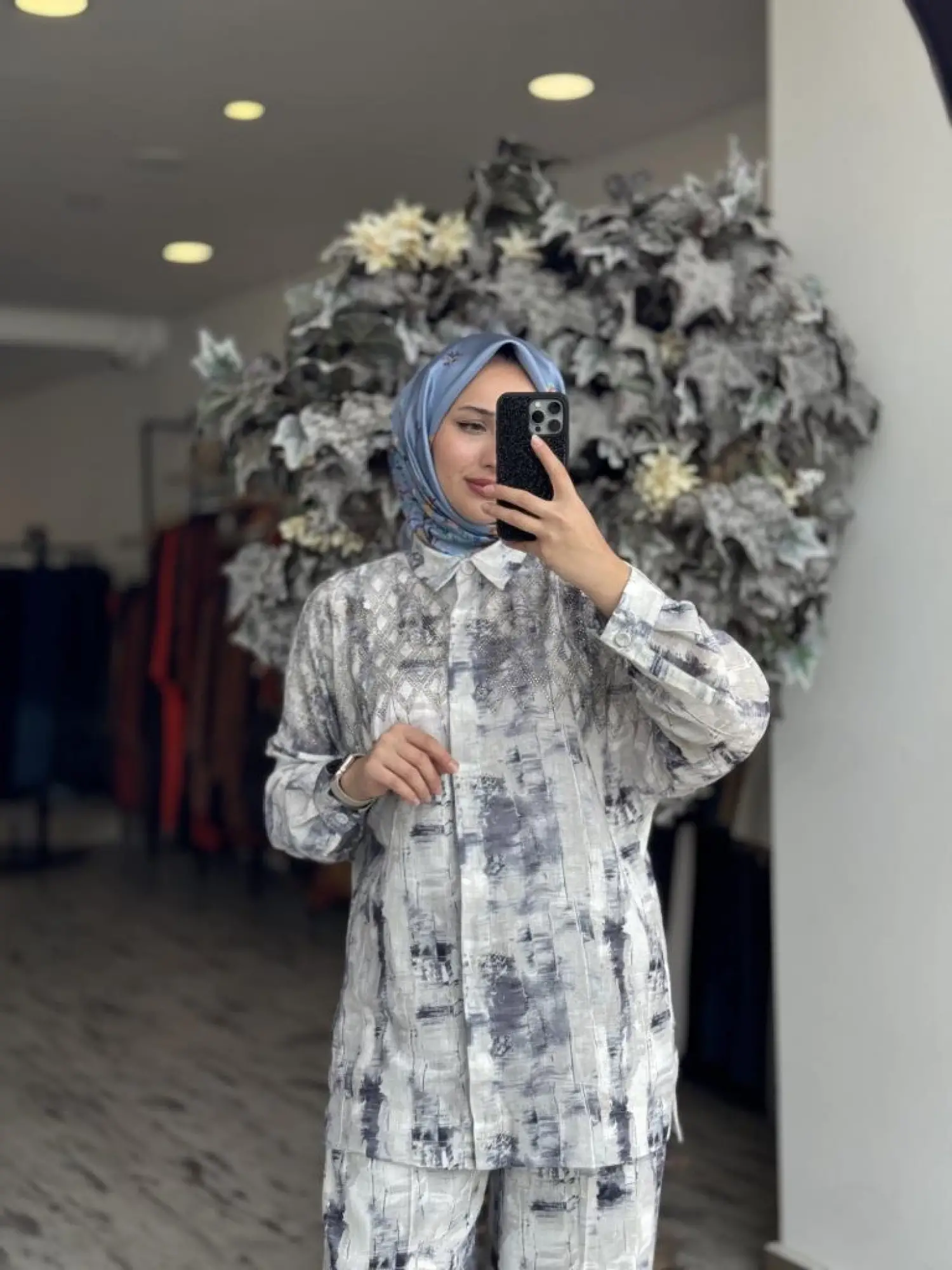 Qupra Taşlı Dijital Desen Gömlek Pantolon Takım WAB82039