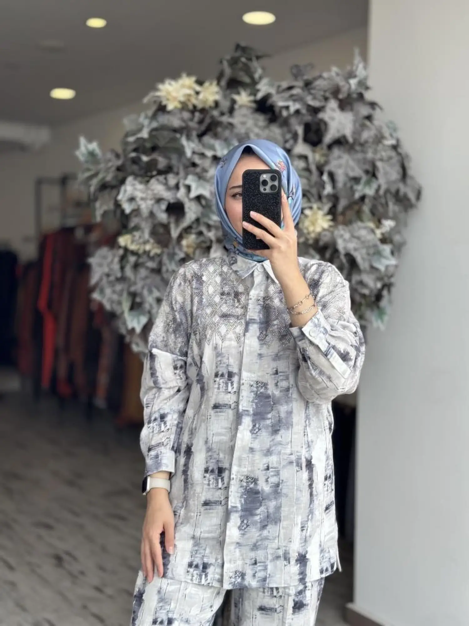 Qupra Taşlı Dijital Desen Gömlek Pantolon Takım WAB82039