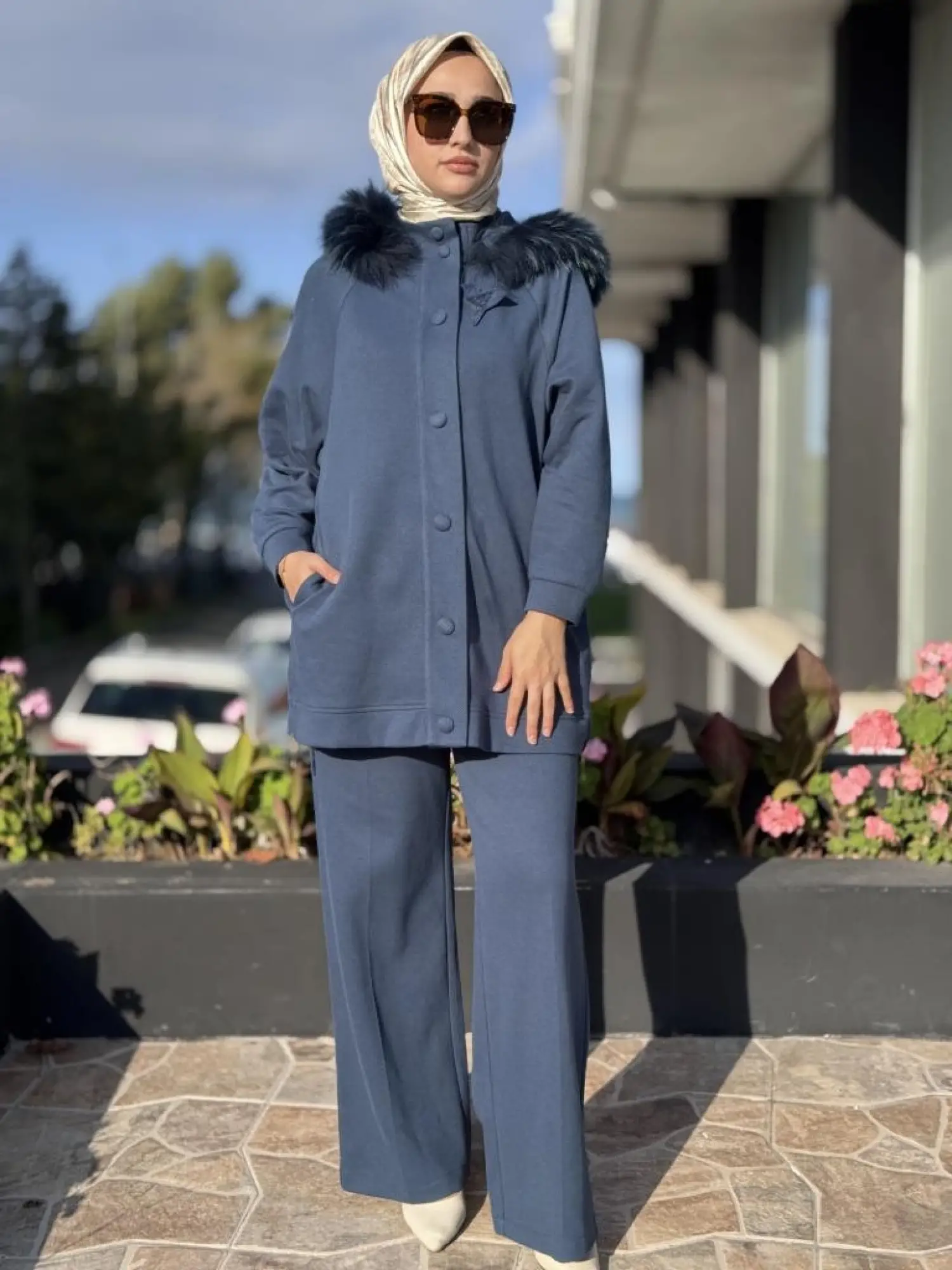 Qupra Yanları Fermuarlı Seyyar Kürk Kapüşonlu Kap Pantolon Takım WAC92000
