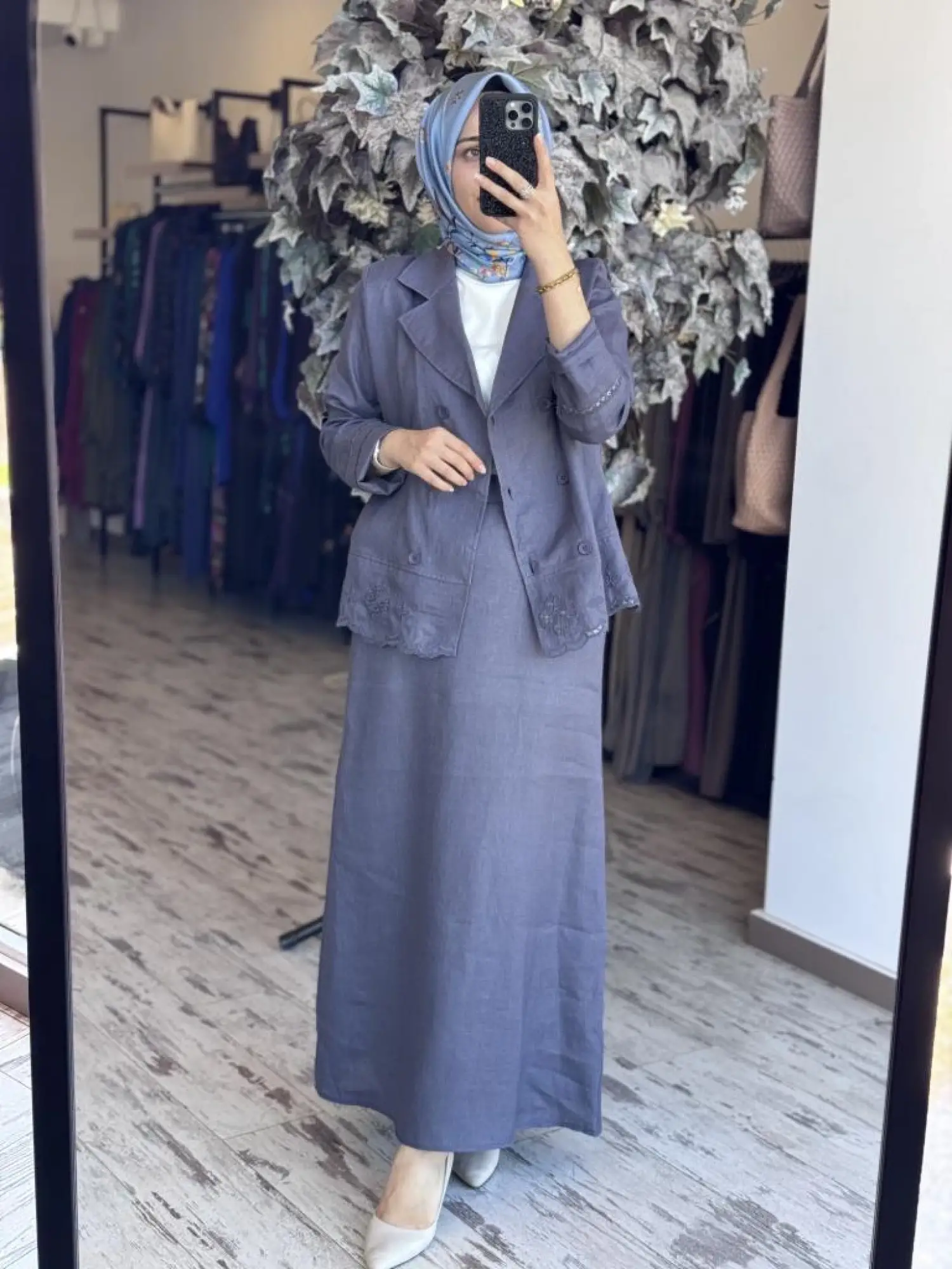 Tığ Triko Beyaziş Nakışlı Keten Kruvaze Ceket Etek Takım TKM3087