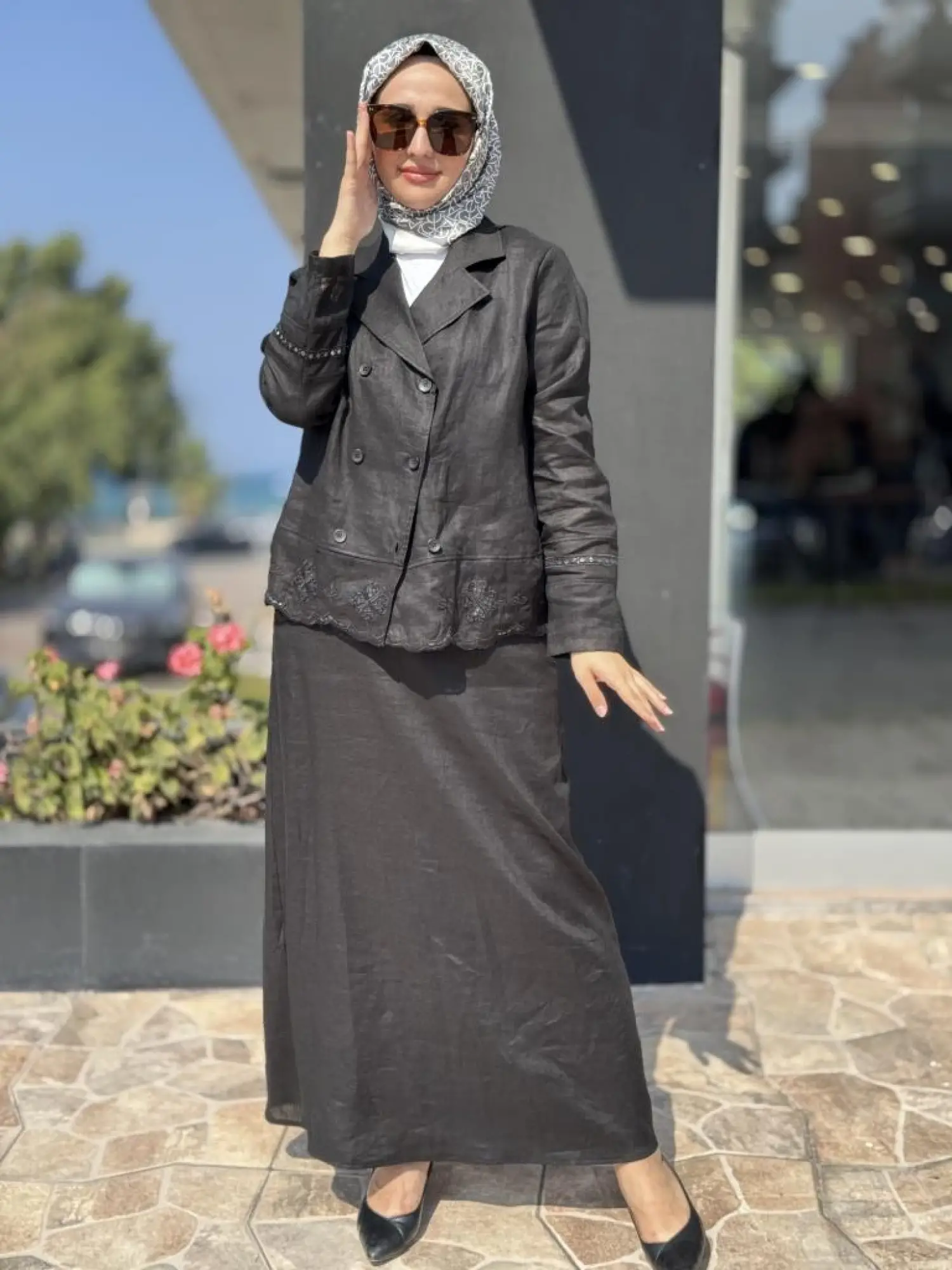 Tığ Triko Beyaziş Nakışlı Keten Kruvaze Ceket Etek Takım TKM3087