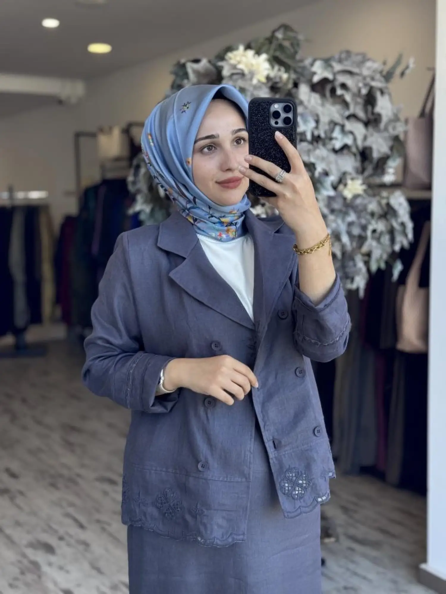 Tığ Triko Beyaziş Nakışlı Keten Kruvaze Ceket Etek Takım TKM3087