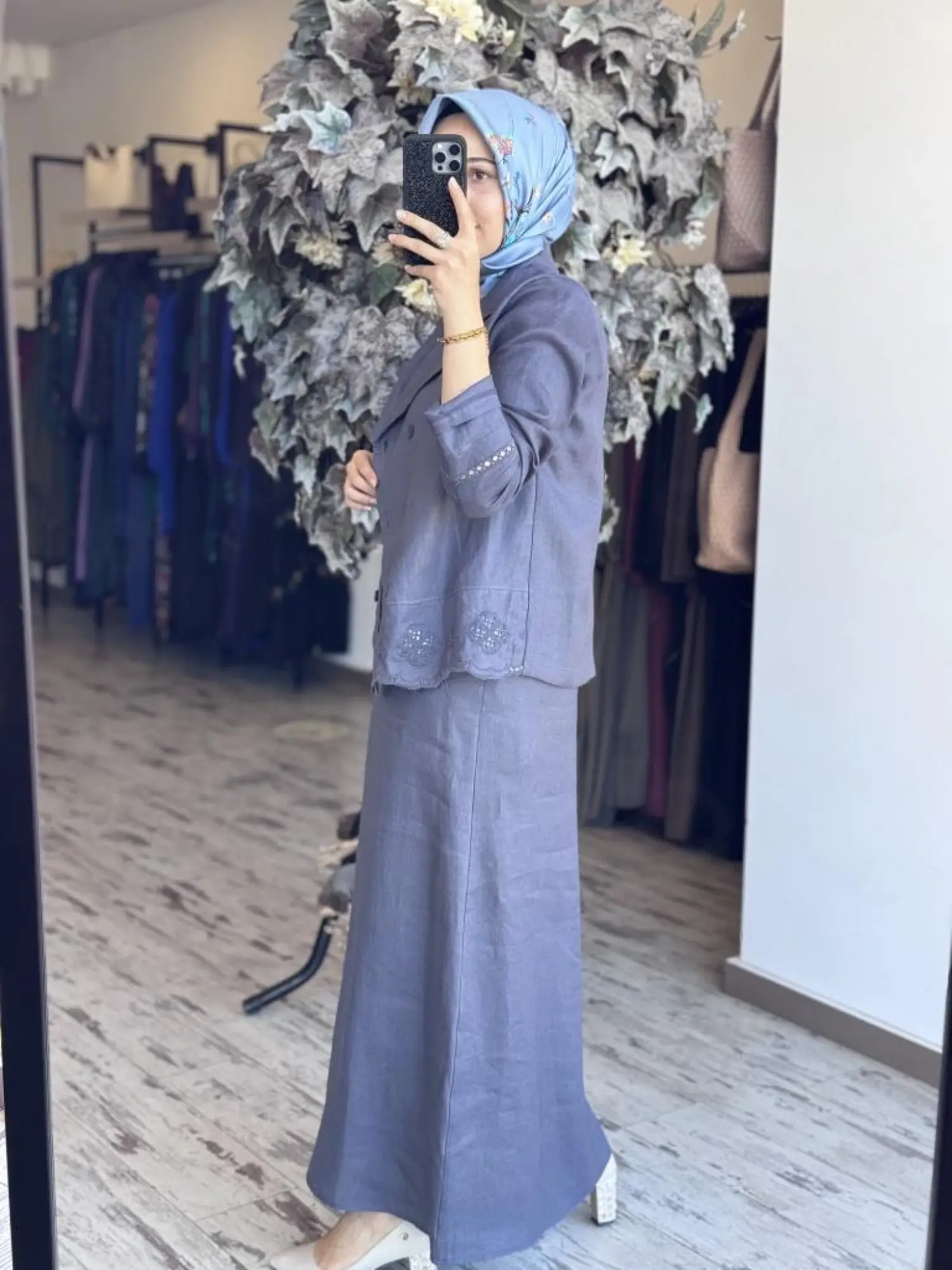 Tığ Triko Beyaziş Nakışlı Keten Kruvaze Ceket Etek Takım TKM3087