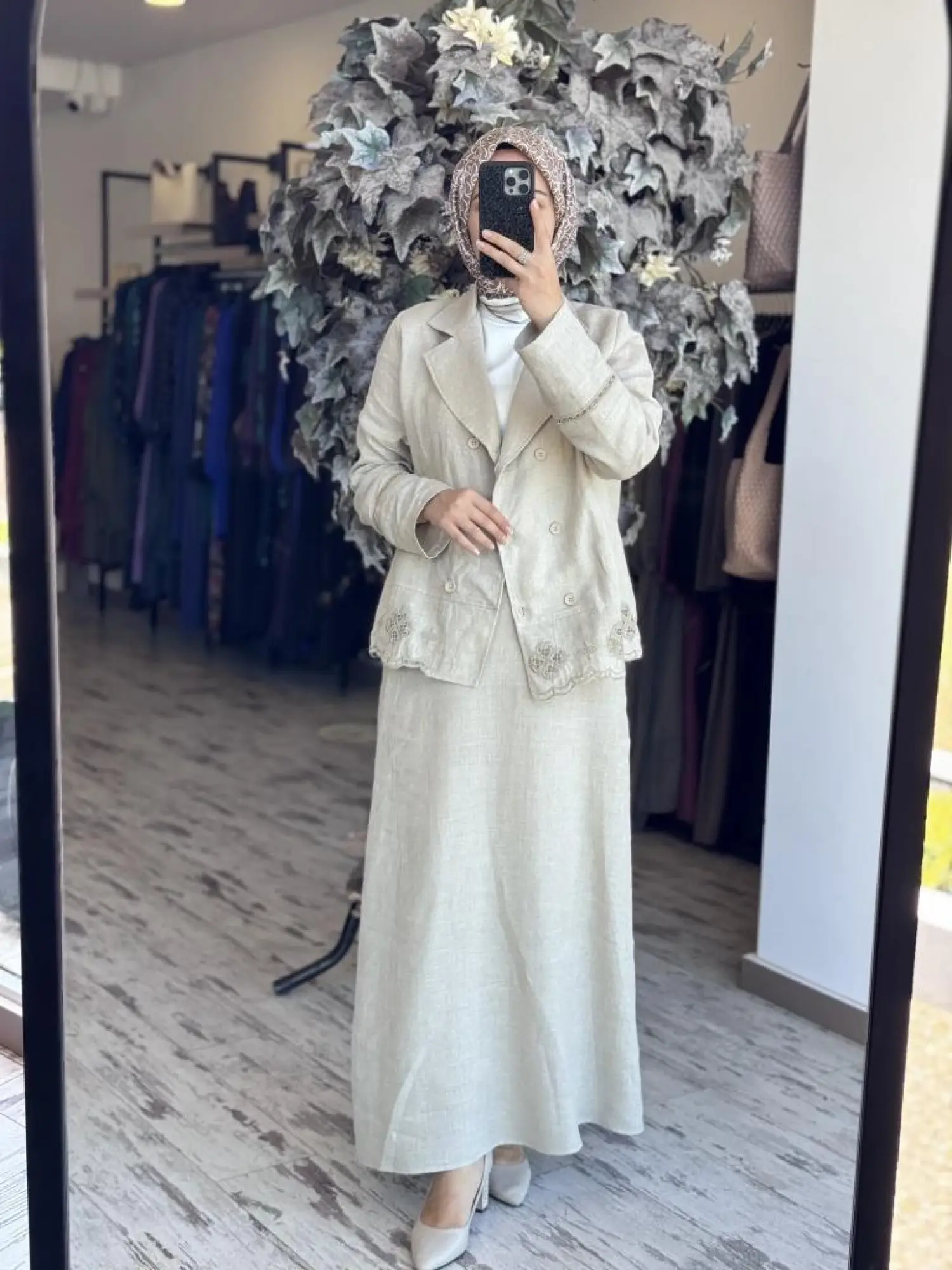 Tığ Triko Beyaziş Nakışlı Keten Kruvaze Ceket Etek Takım TKM3087