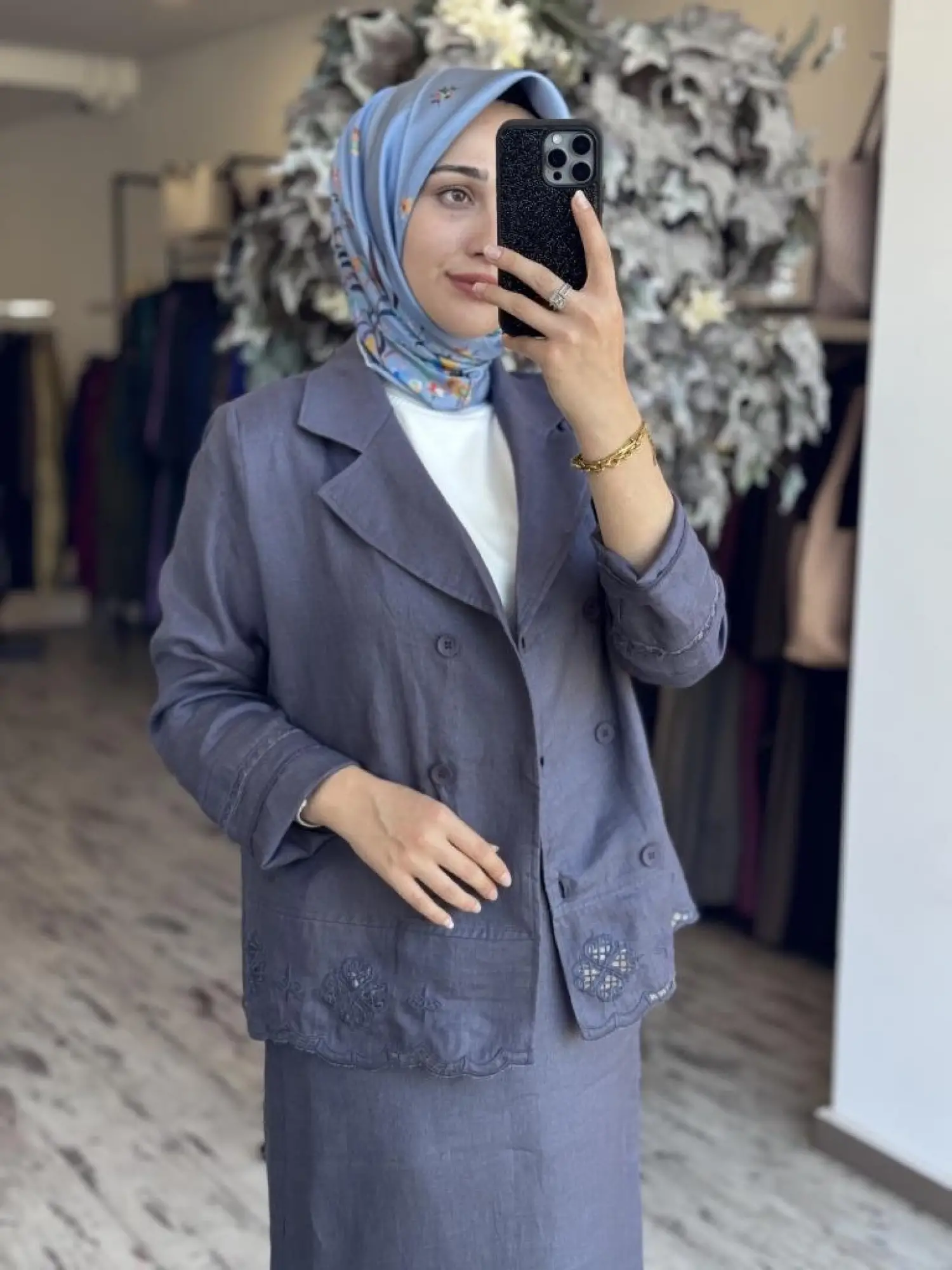 Tığ Triko Beyaziş Nakışlı Keten Kruvaze Ceket Etek Takım TKM3087